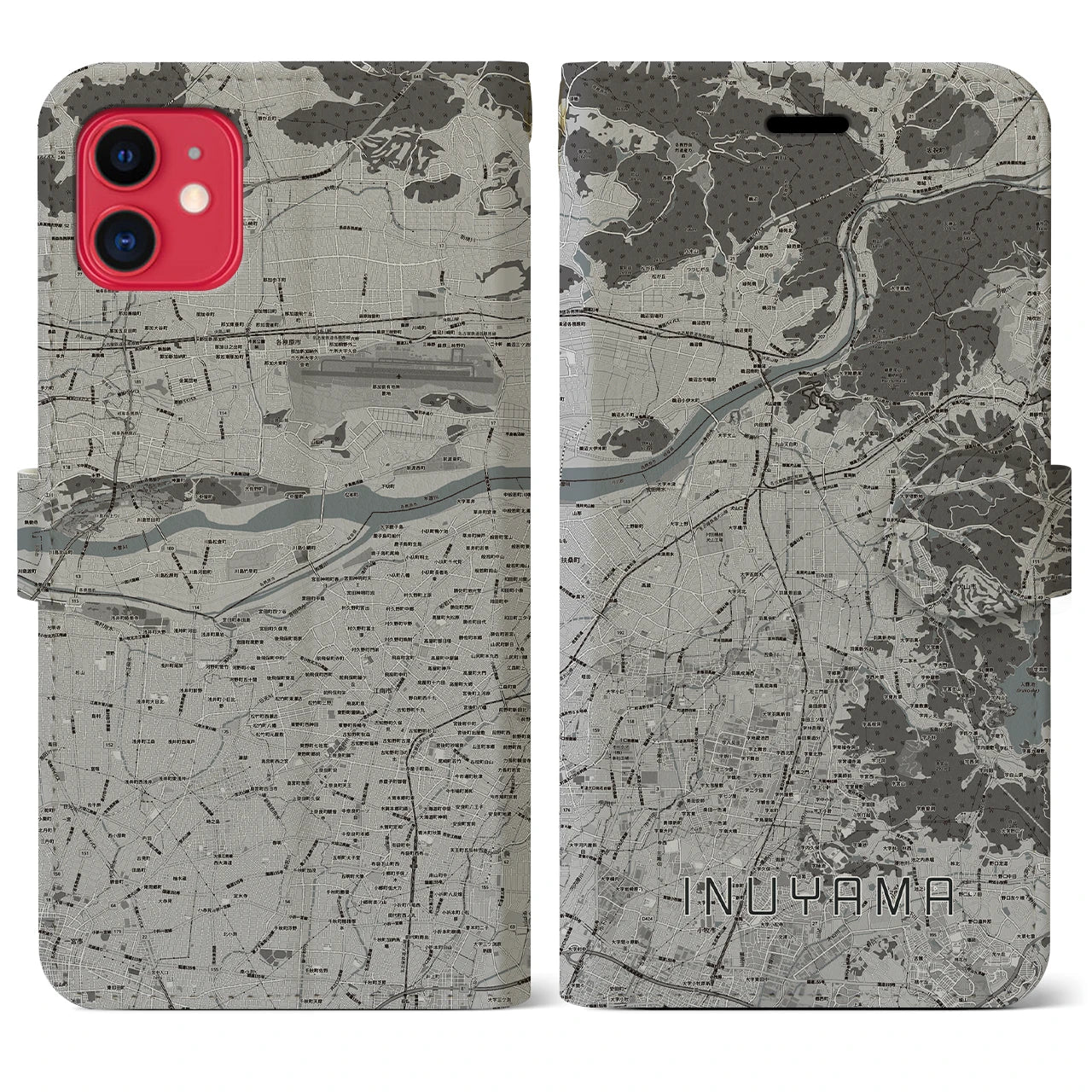 【犬山(愛知県)】地図柄iPhoneケース(手帳タイプ)モノトーン・iPhone 11 用