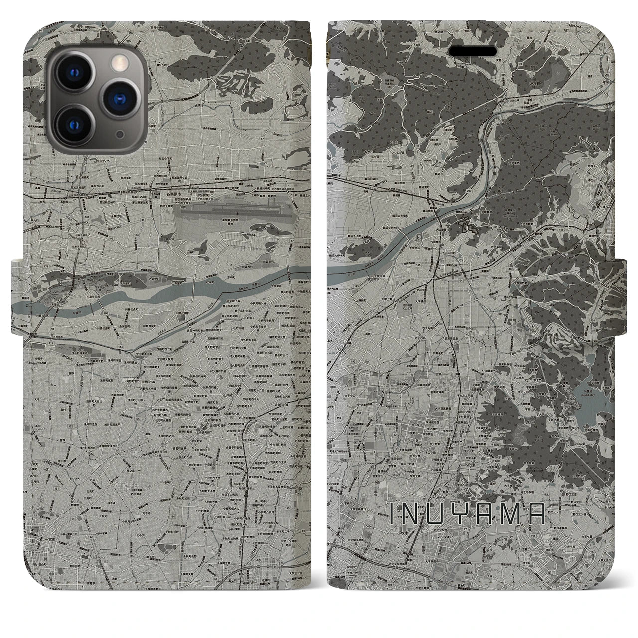 【犬山(愛知県)】地図柄iPhoneケース(手帳タイプ)モノトーン・iPhone 11 Pro Max 用