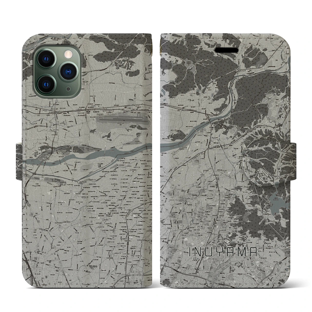 【犬山(愛知県)】地図柄iPhoneケース(手帳タイプ)モノトーン・iPhone 11 Pro 用
