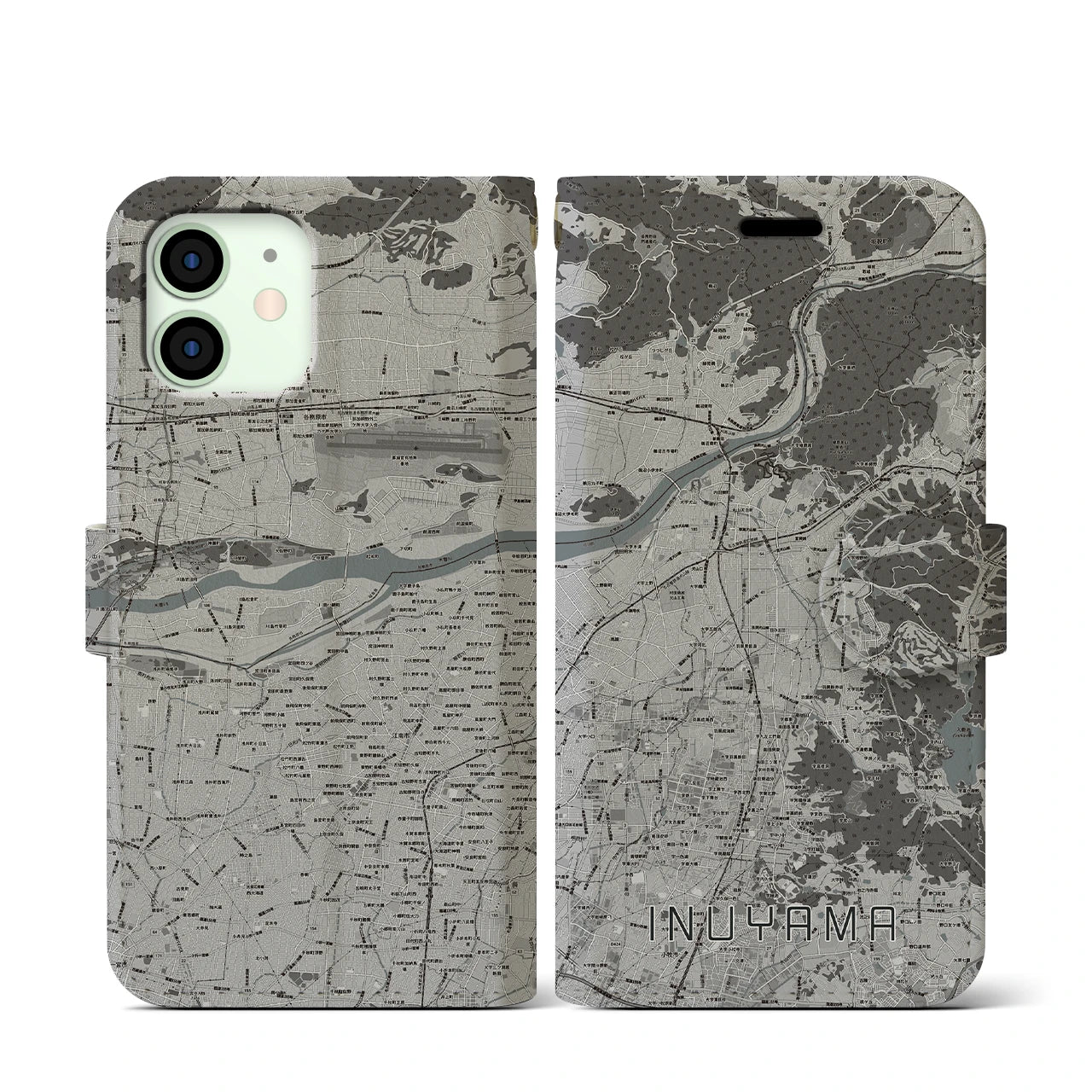 【犬山(愛知県)】地図柄iPhoneケース(手帳タイプ)モノトーン・iPhone 12 mini 用