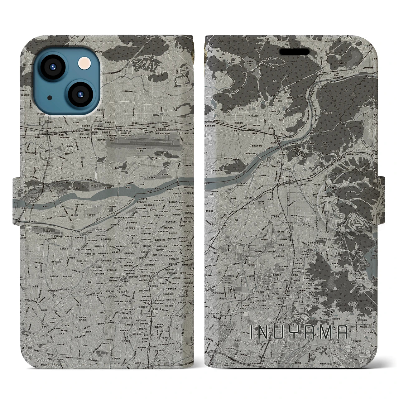 【犬山(愛知県)】地図柄iPhoneケース(手帳タイプ)モノトーン・iPhone 13 用