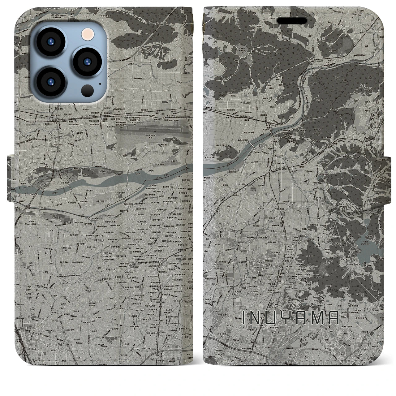 【犬山(愛知県)】地図柄iPhoneケース(手帳タイプ)モノトーン・iPhone 13 Pro Max 用
