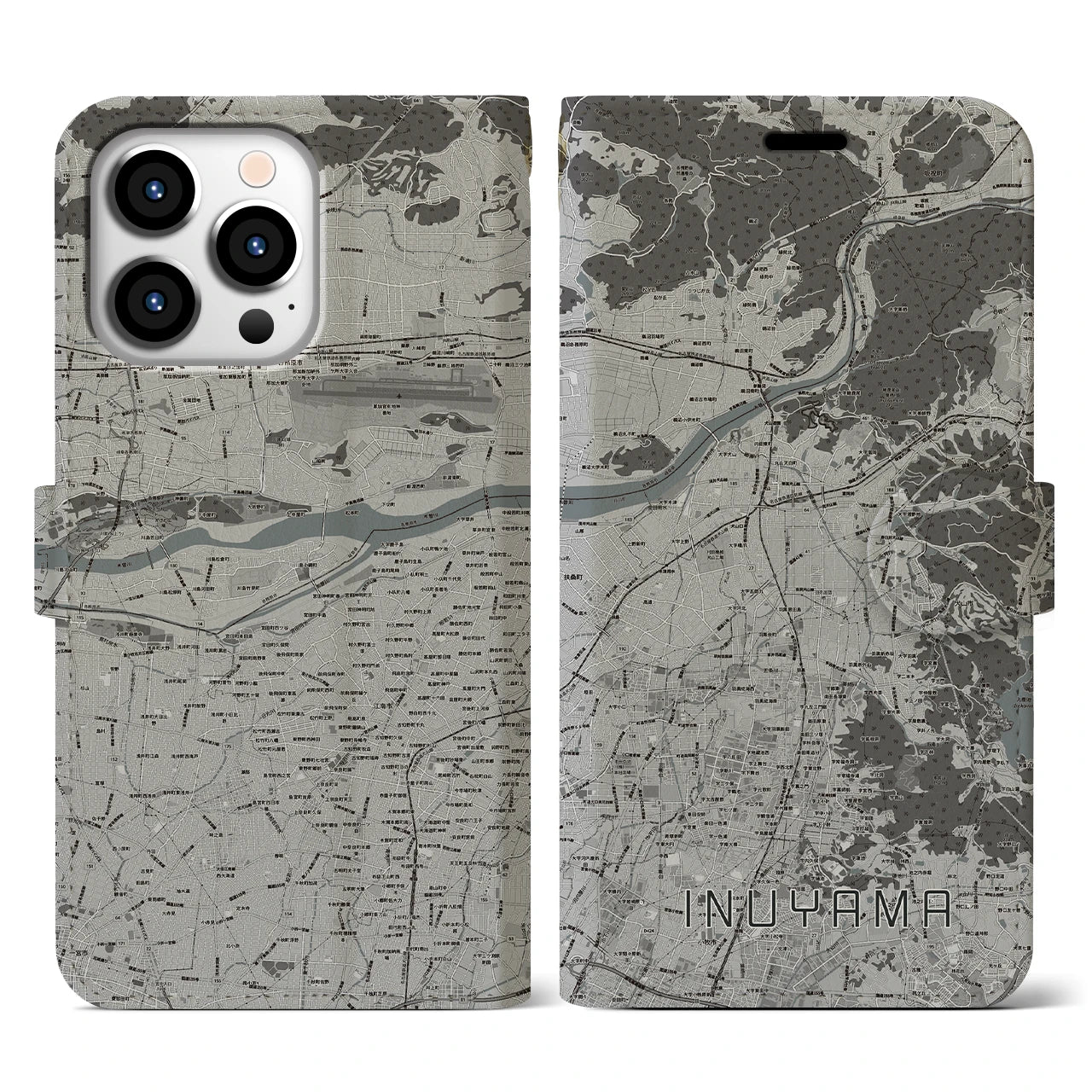 【犬山(愛知県)】地図柄iPhoneケース(手帳タイプ)モノトーン・iPhone 13 Pro 用