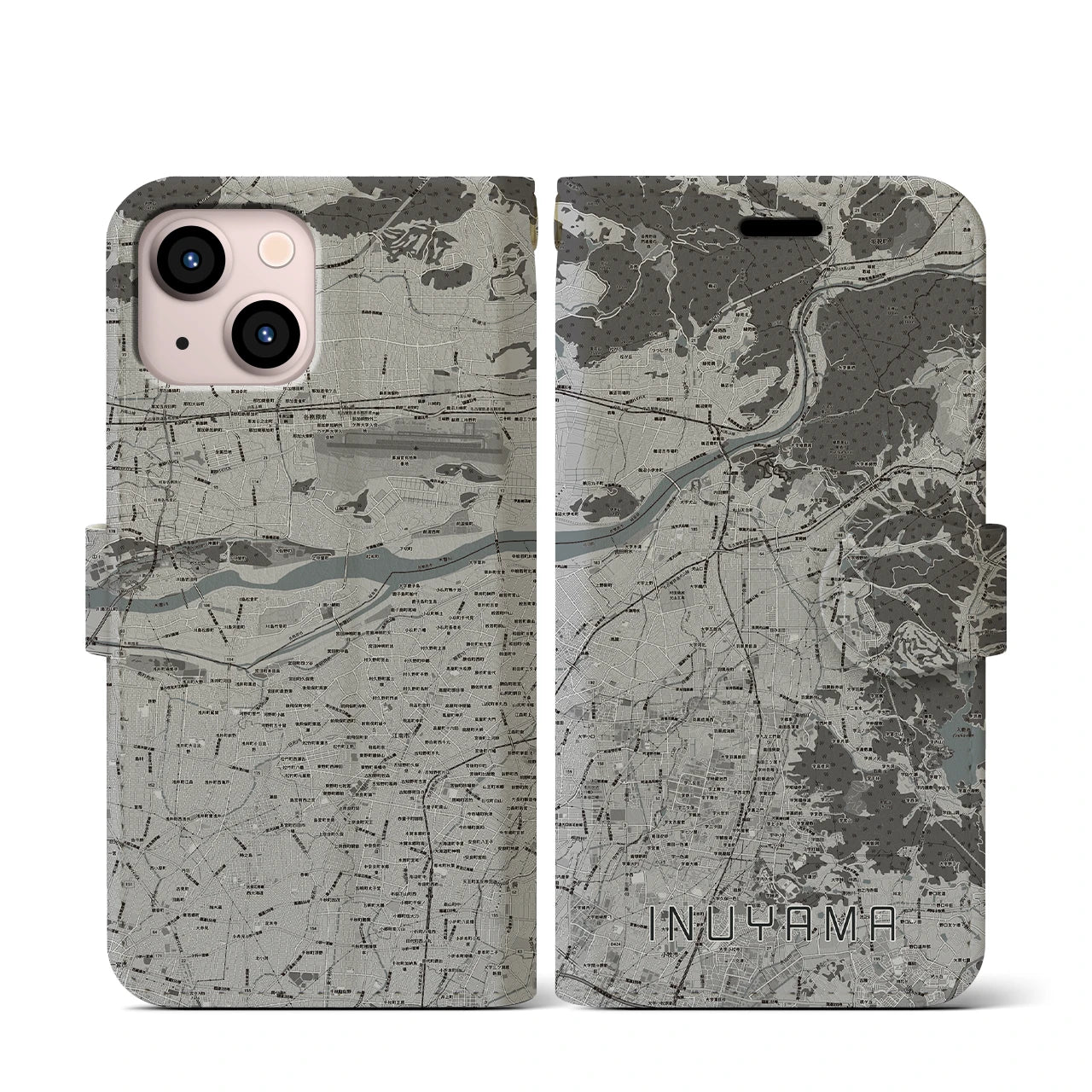 【犬山(愛知県)】地図柄iPhoneケース(手帳タイプ)モノトーン・iPhone 13 mini 用