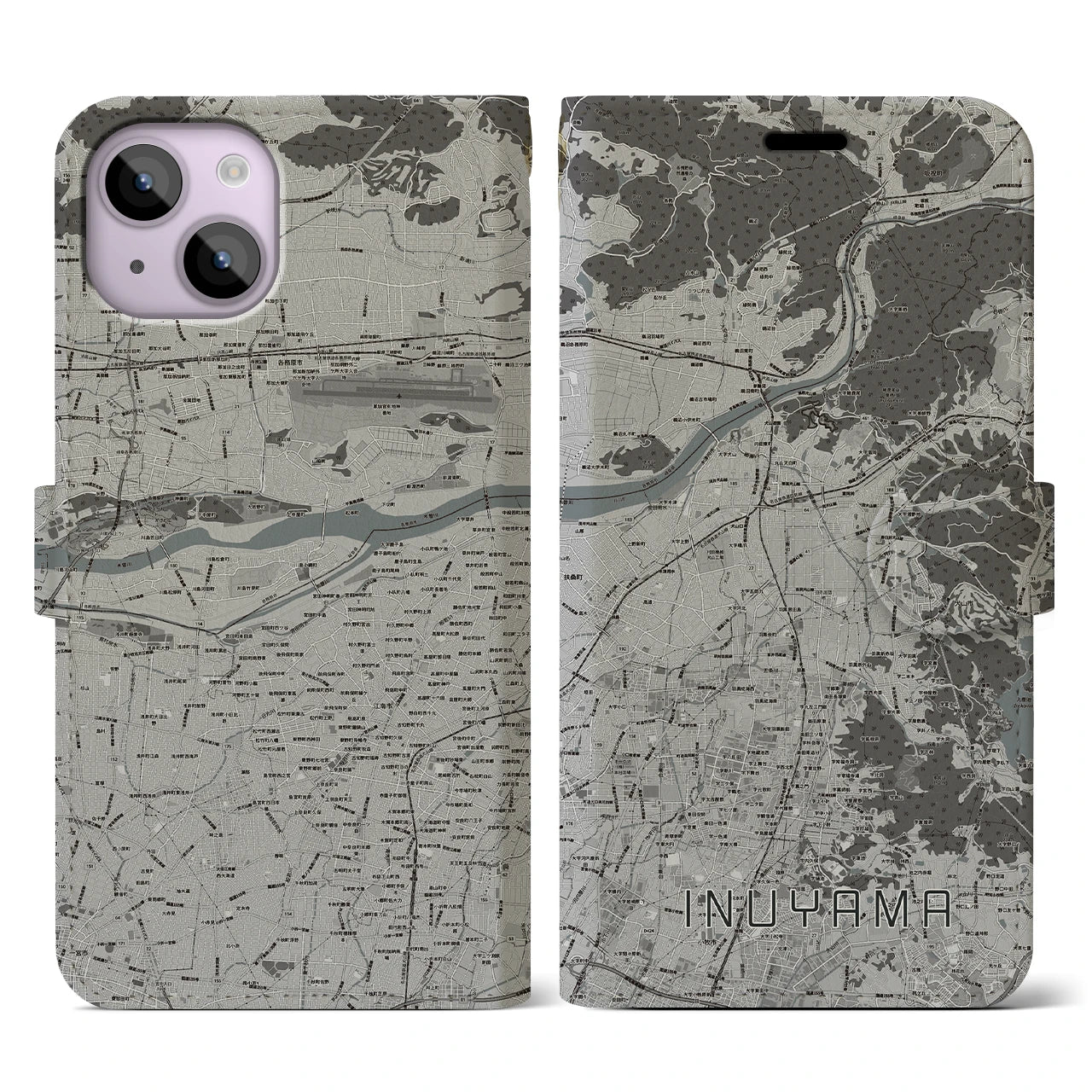 【犬山(愛知県)】地図柄iPhoneケース(手帳タイプ)モノトーン・iPhone 14 用