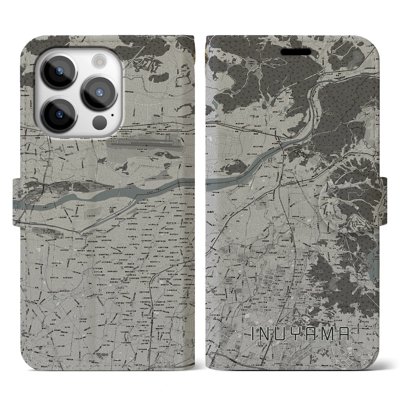 【犬山(愛知県)】地図柄iPhoneケース(手帳タイプ)モノトーン・iPhone 14 Pro 用