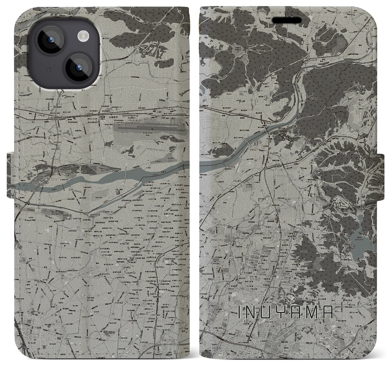 【犬山(愛知県)】地図柄iPhoneケース(手帳タイプ)モノトーン・iPhone 14 Plus 用