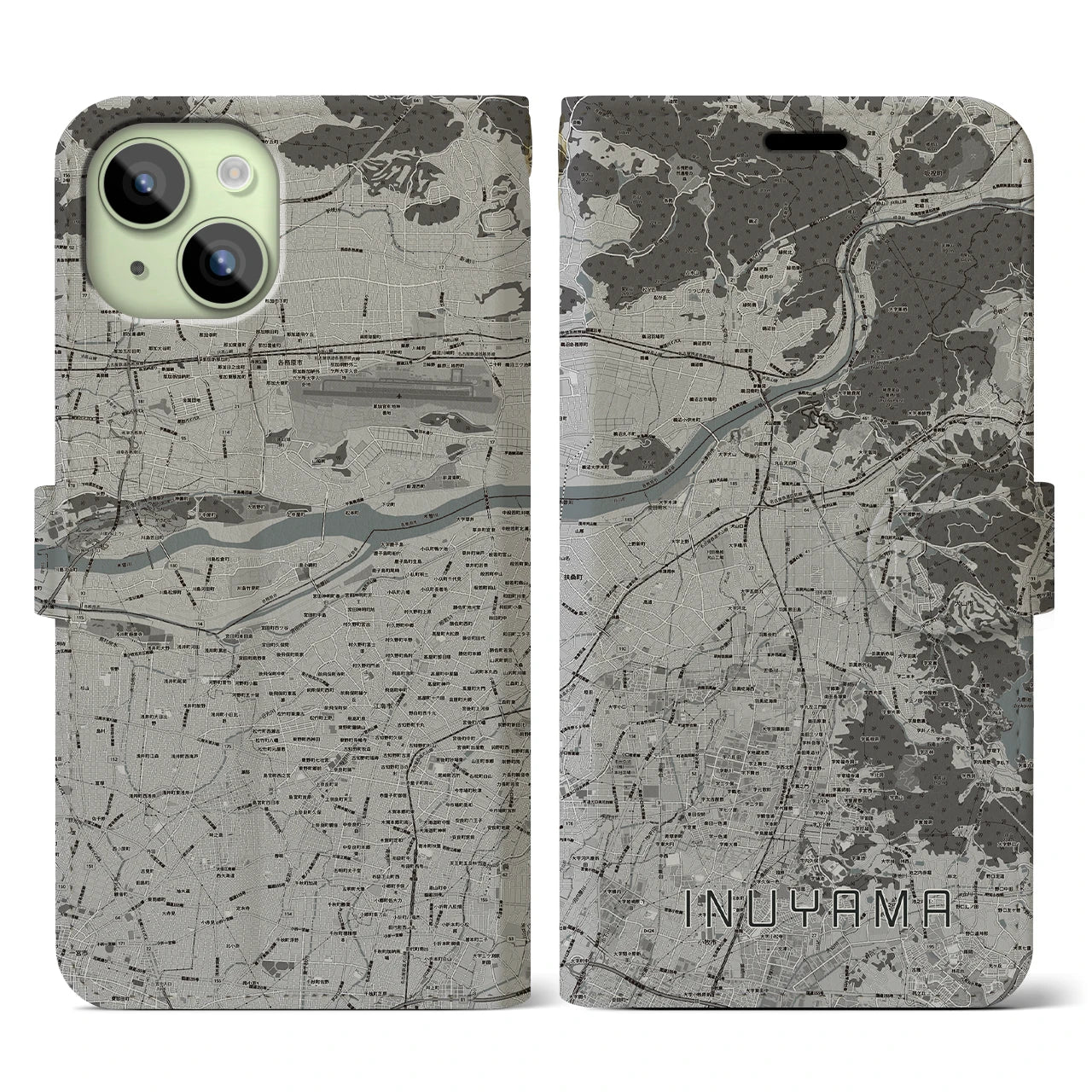 【犬山(愛知県)】地図柄iPhoneケース(手帳タイプ)モノトーン・iPhone 15 用