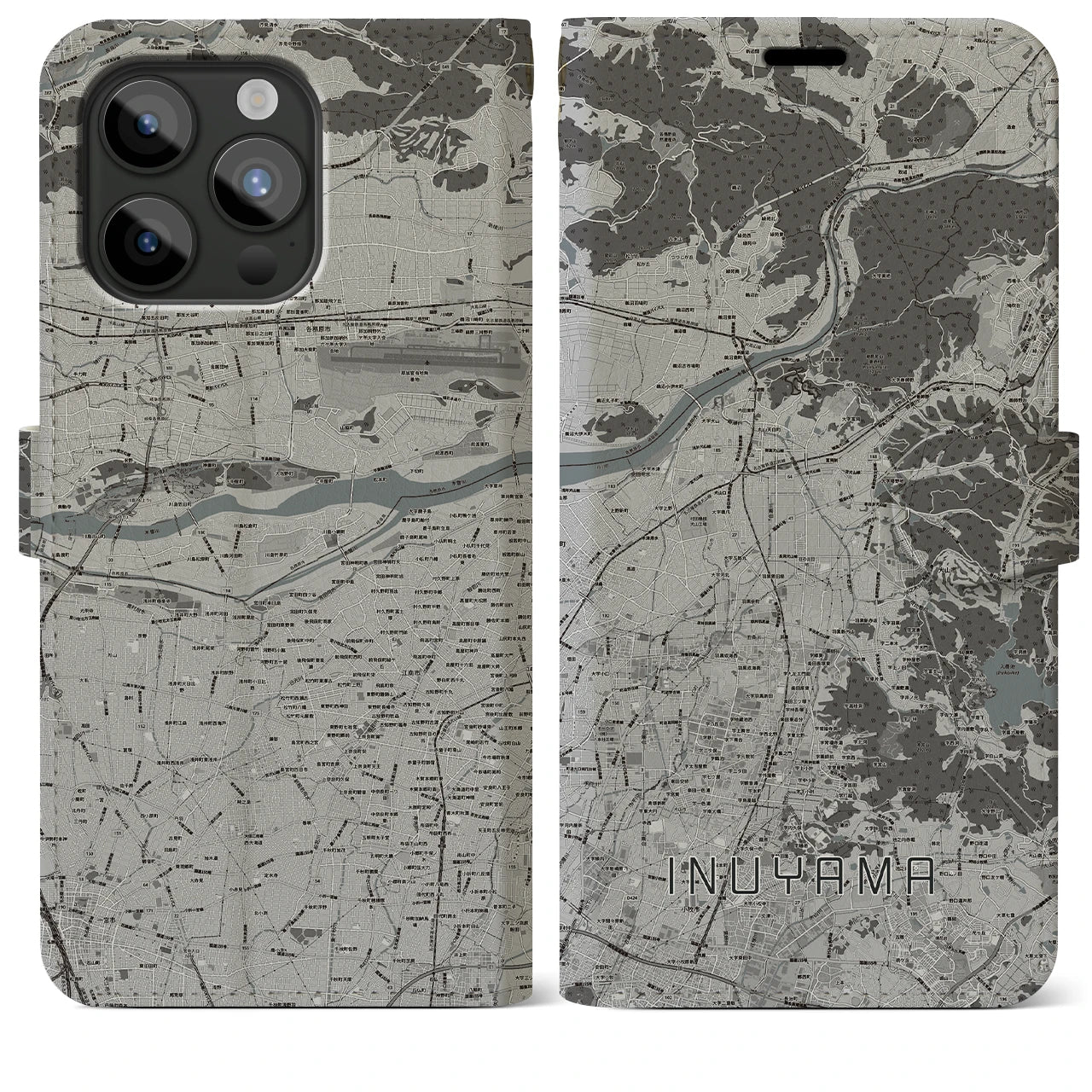 【犬山(愛知県)】地図柄iPhoneケース(手帳タイプ)モノトーン・iPhone 15 Pro Max 用