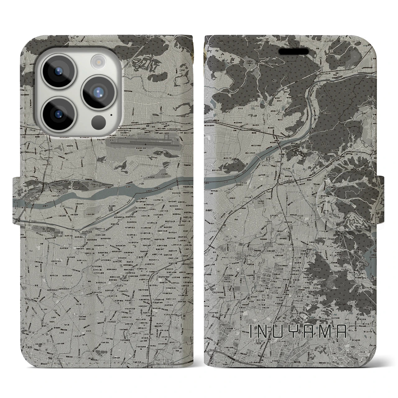 【犬山(愛知県)】地図柄iPhoneケース(手帳タイプ)モノトーン・iPhone 15 Pro 用
