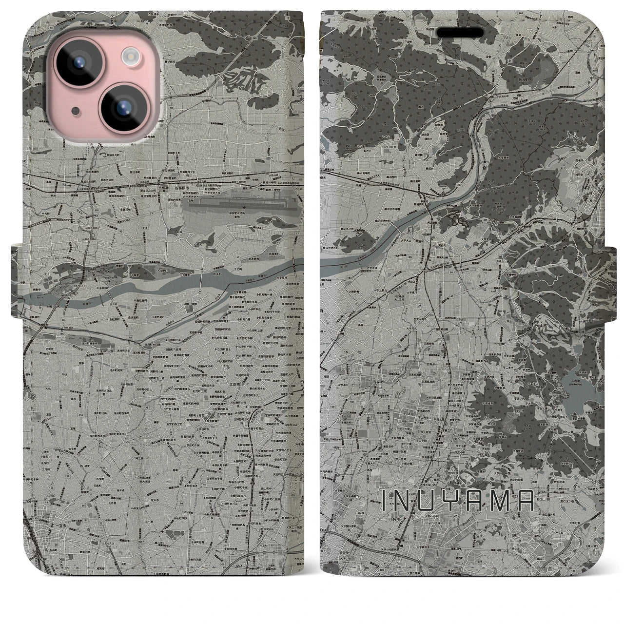【犬山(愛知県)】地図柄iPhoneケース(手帳タイプ)モノトーン・iPhone 15 Plus 用