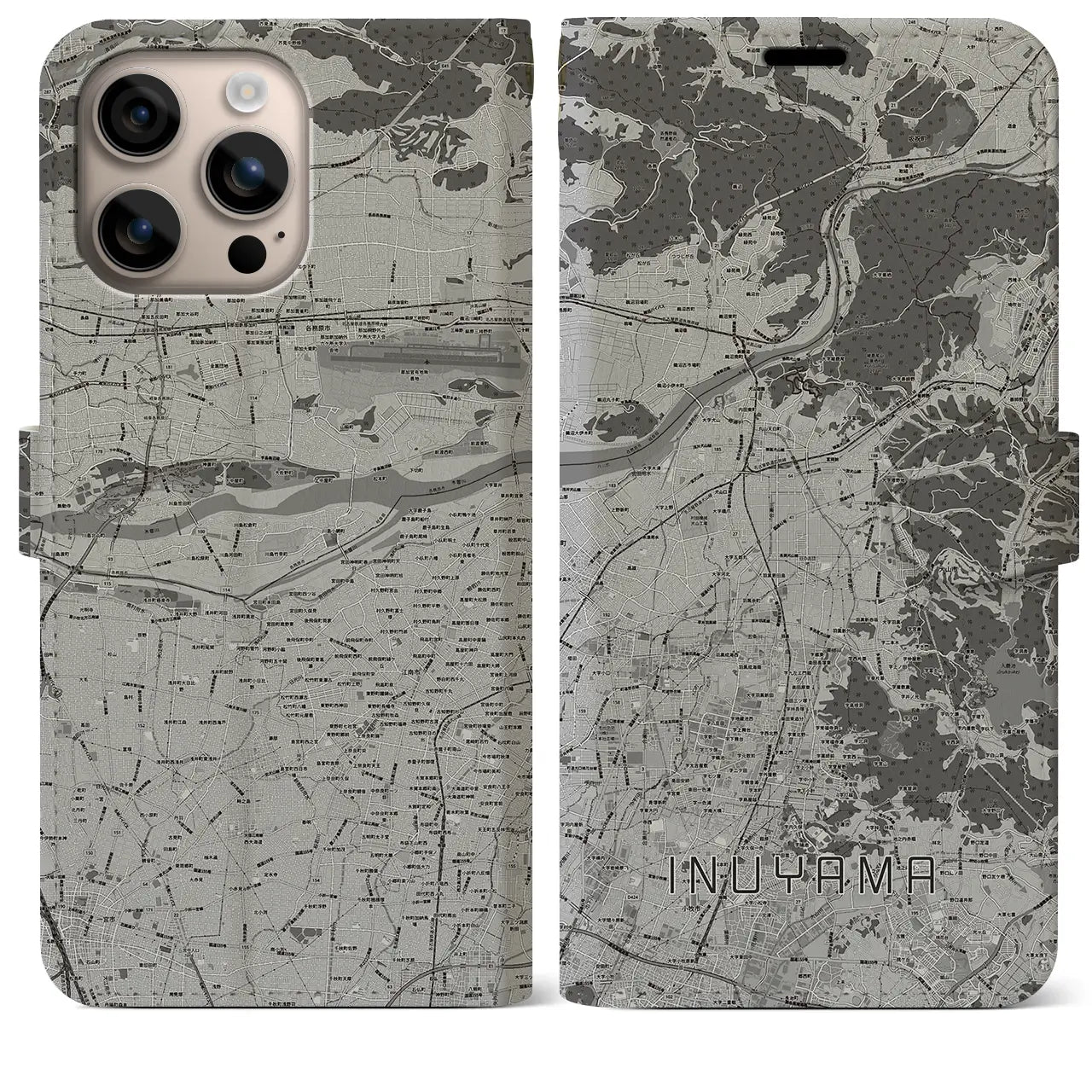 【犬山(愛知県)】地図柄iPhoneケース(手帳タイプ)モノトーン・iPhone 16 Plus 用
