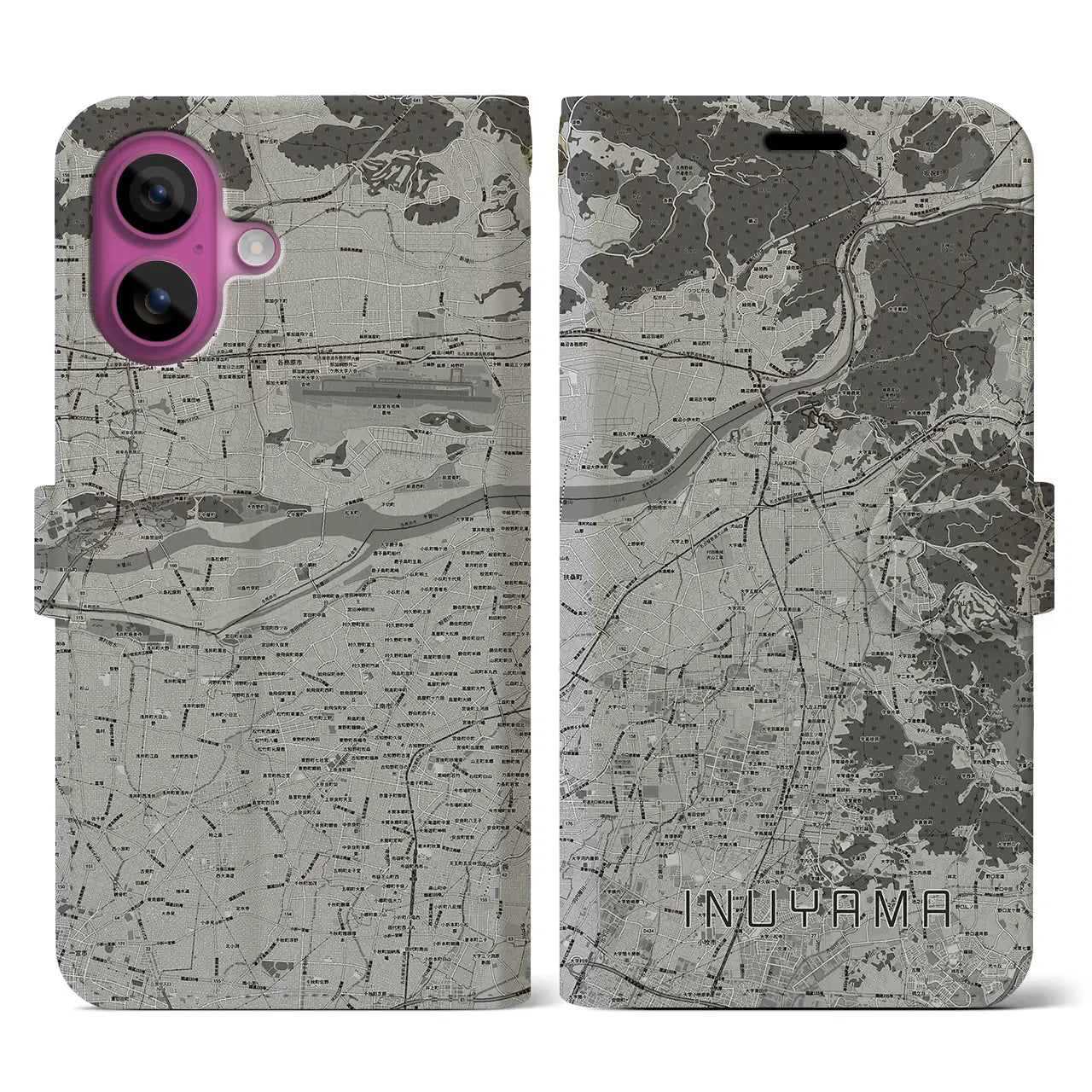 【犬山(愛知県)】地図柄iPhoneケース(手帳タイプ)モノトーン・iPhone 16 Pro 用