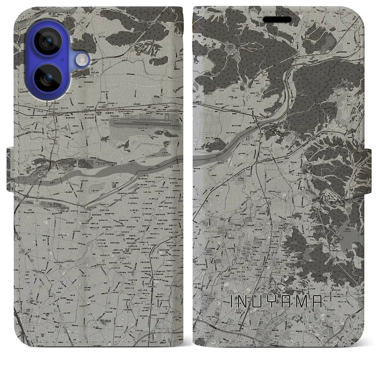 【犬山(愛知県)】地図柄iPhoneケース(手帳タイプ)モノトーン・iPhone 16 Pro Max 用