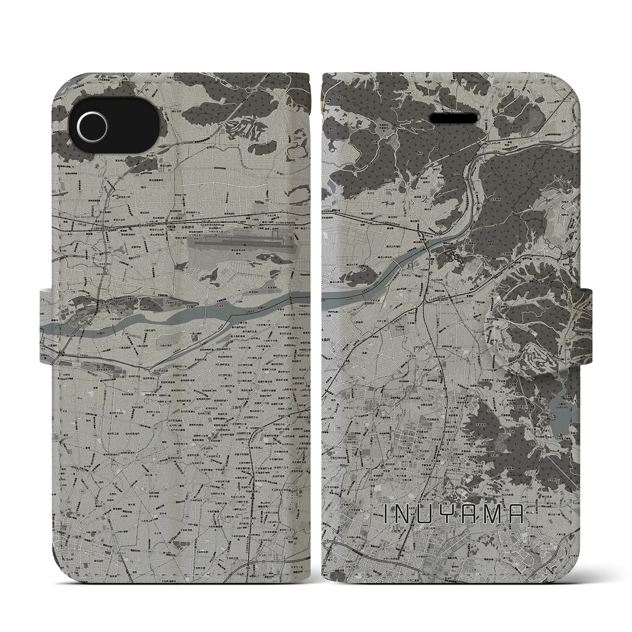 【犬山(愛知県)】地図柄iPhoneケース(手帳タイプ)モノトーン・iPhone SE(第3 / 第2世代) / 8 / 7 / 6s / 6 用