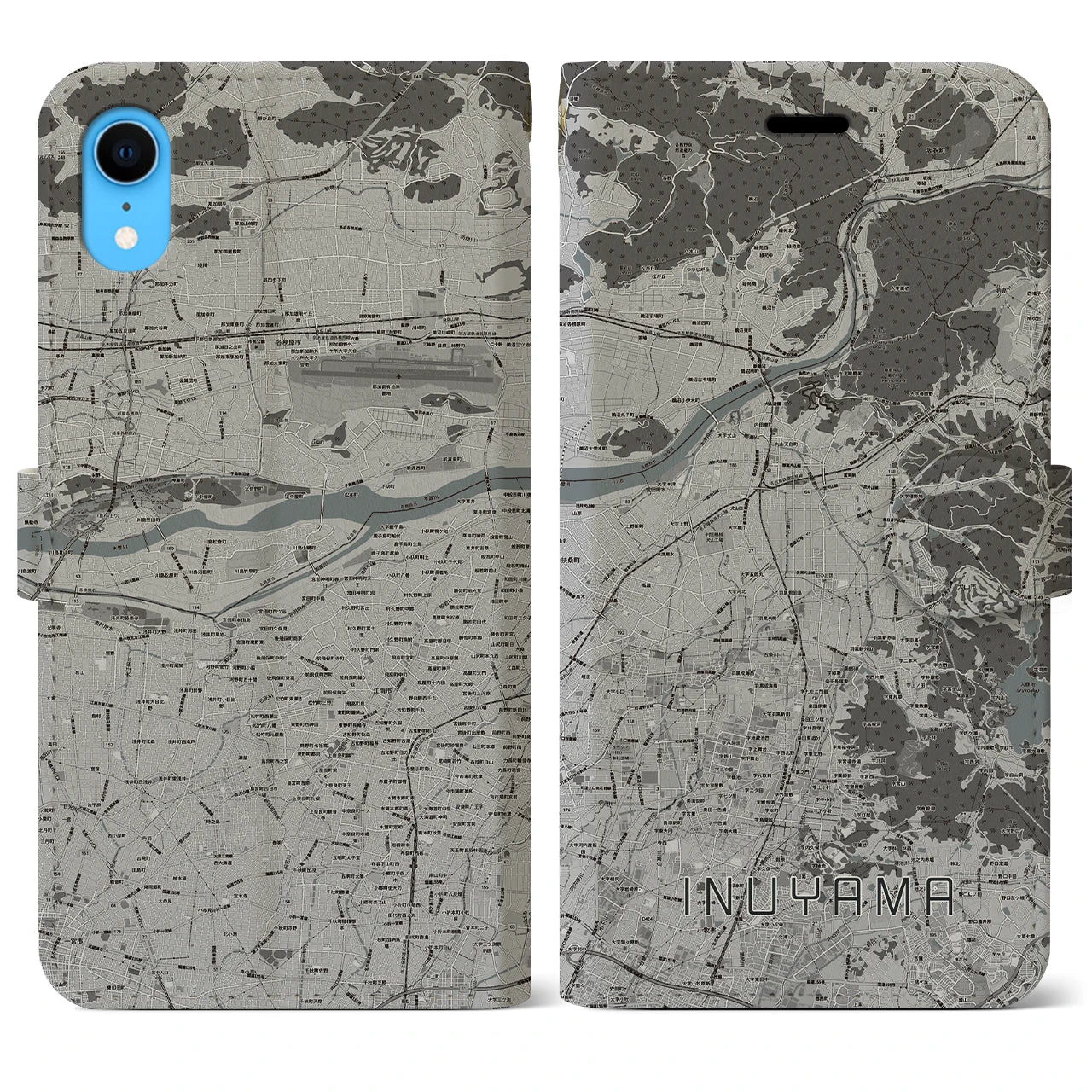 【犬山(愛知県)】地図柄iPhoneケース(手帳タイプ)モノトーン・iPhone XR 用