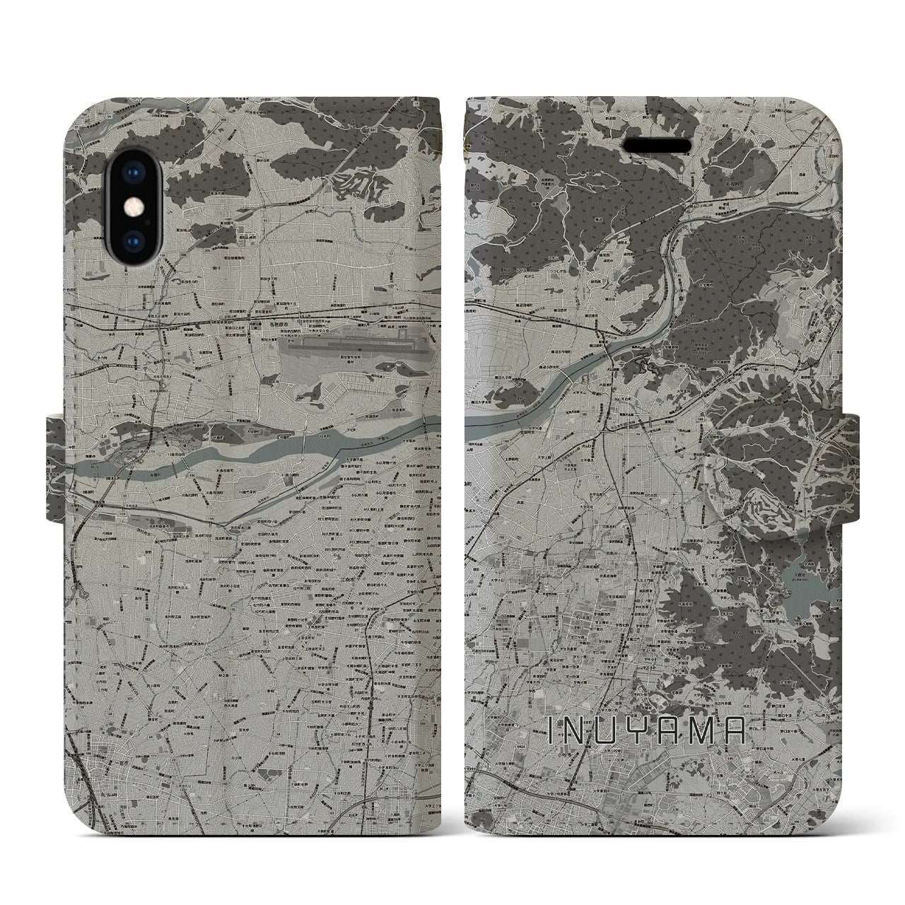 【犬山(愛知県)】地図柄iPhoneケース(手帳タイプ)モノトーン・iPhone XS / X 用