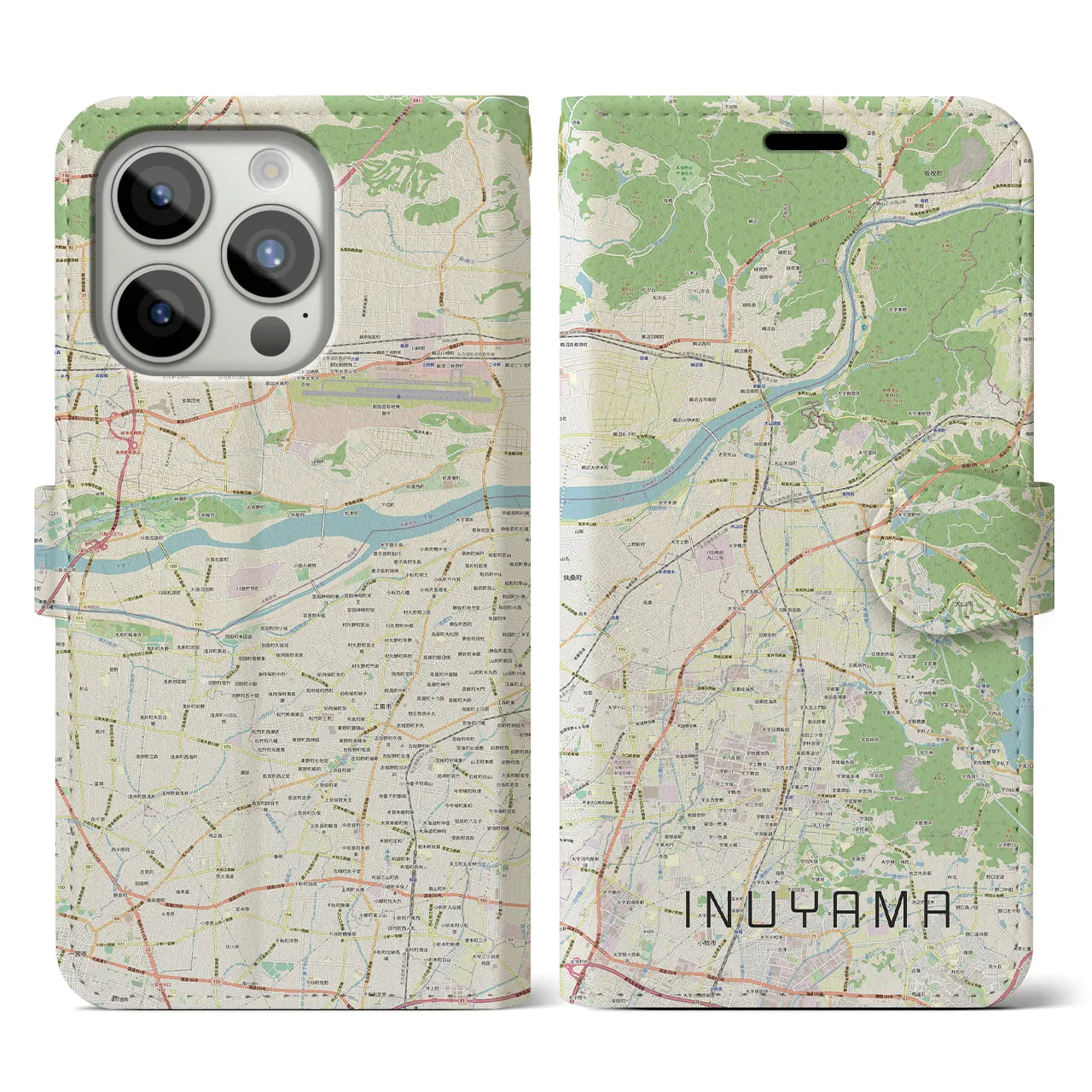 【犬山(愛知県)】地図柄iPhoneケース(手帳タイプ)ナチュラル・iPhone 15 Pro 用