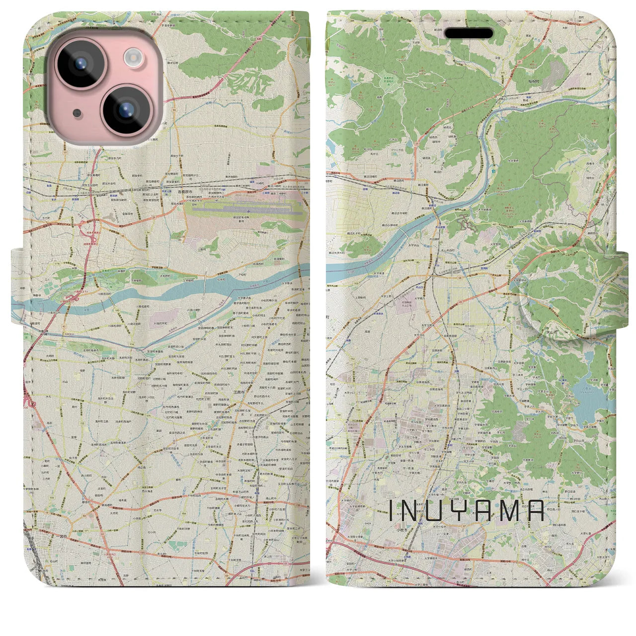 【犬山(愛知県)】地図柄iPhoneケース(手帳タイプ)ナチュラル・iPhone 15 Plus 用