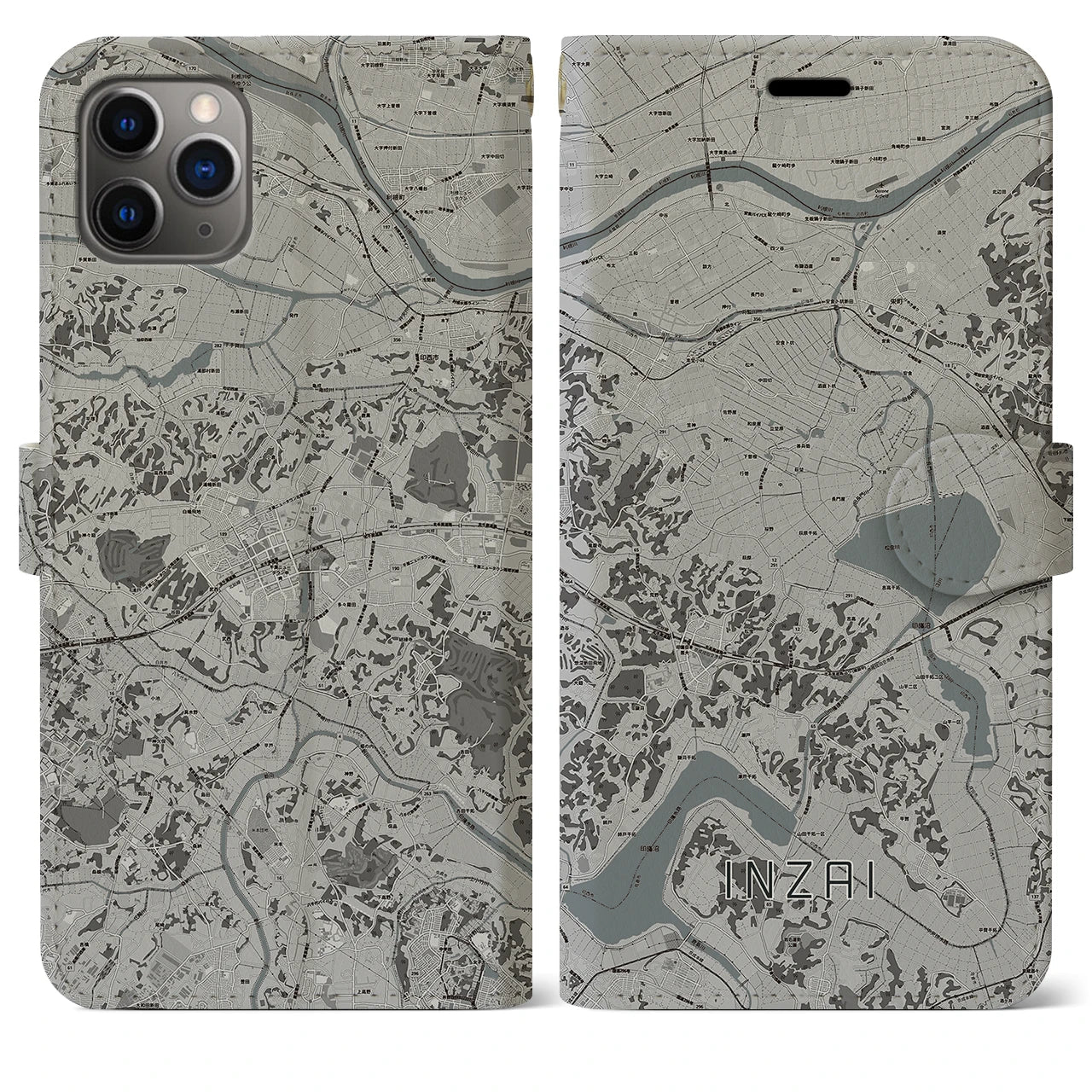 【印西(千葉県)】地図柄iPhoneケース(手帳タイプ)モノトーン・iPhone 11 Pro Max 用