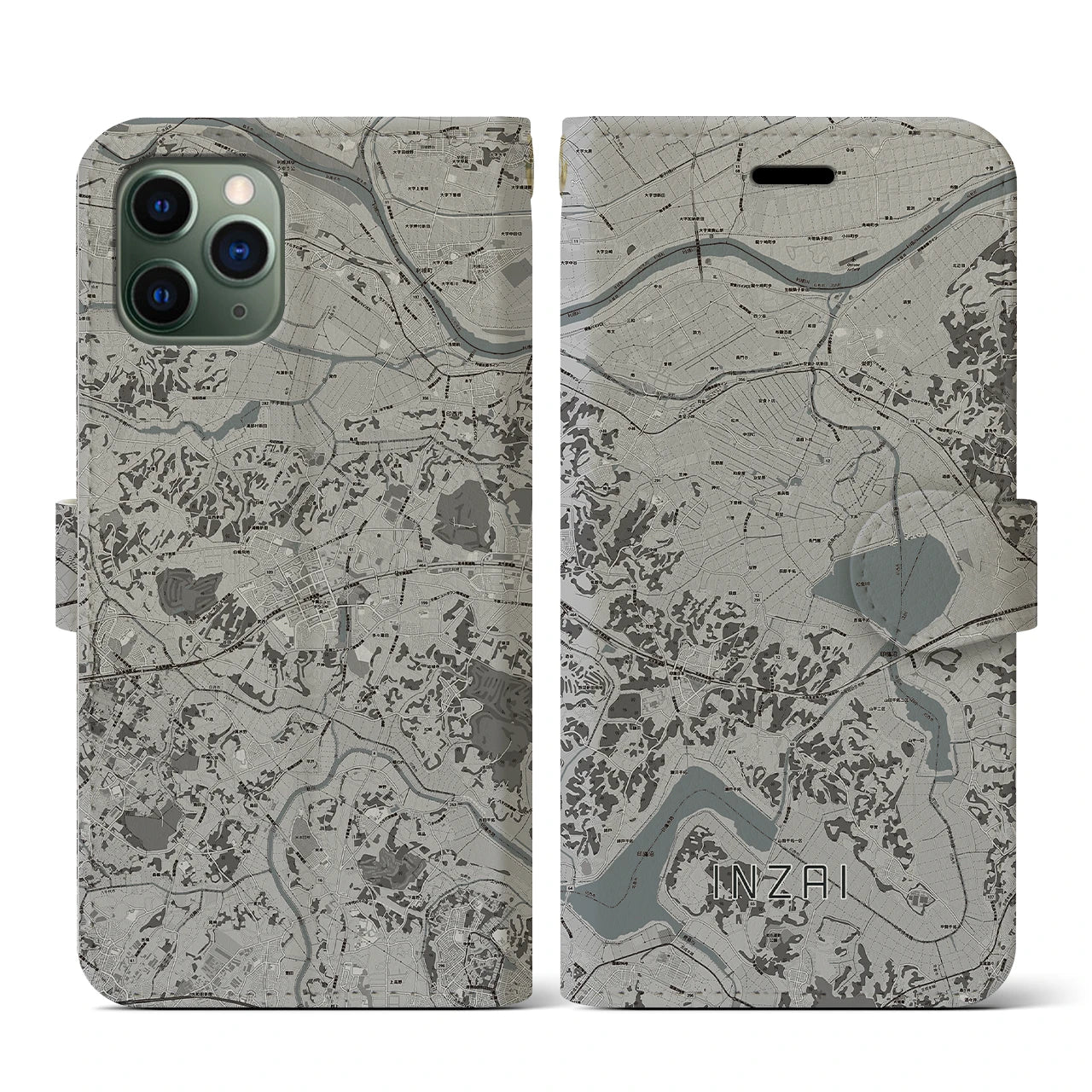 【印西(千葉県)】地図柄iPhoneケース(手帳タイプ)モノトーン・iPhone 11 Pro 用
