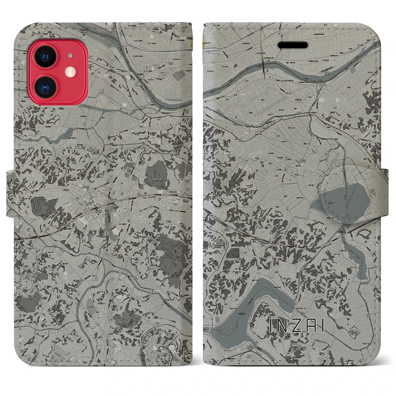 【印西(千葉県)】地図柄iPhoneケース(手帳タイプ)モノトーン・iPhone 11 用