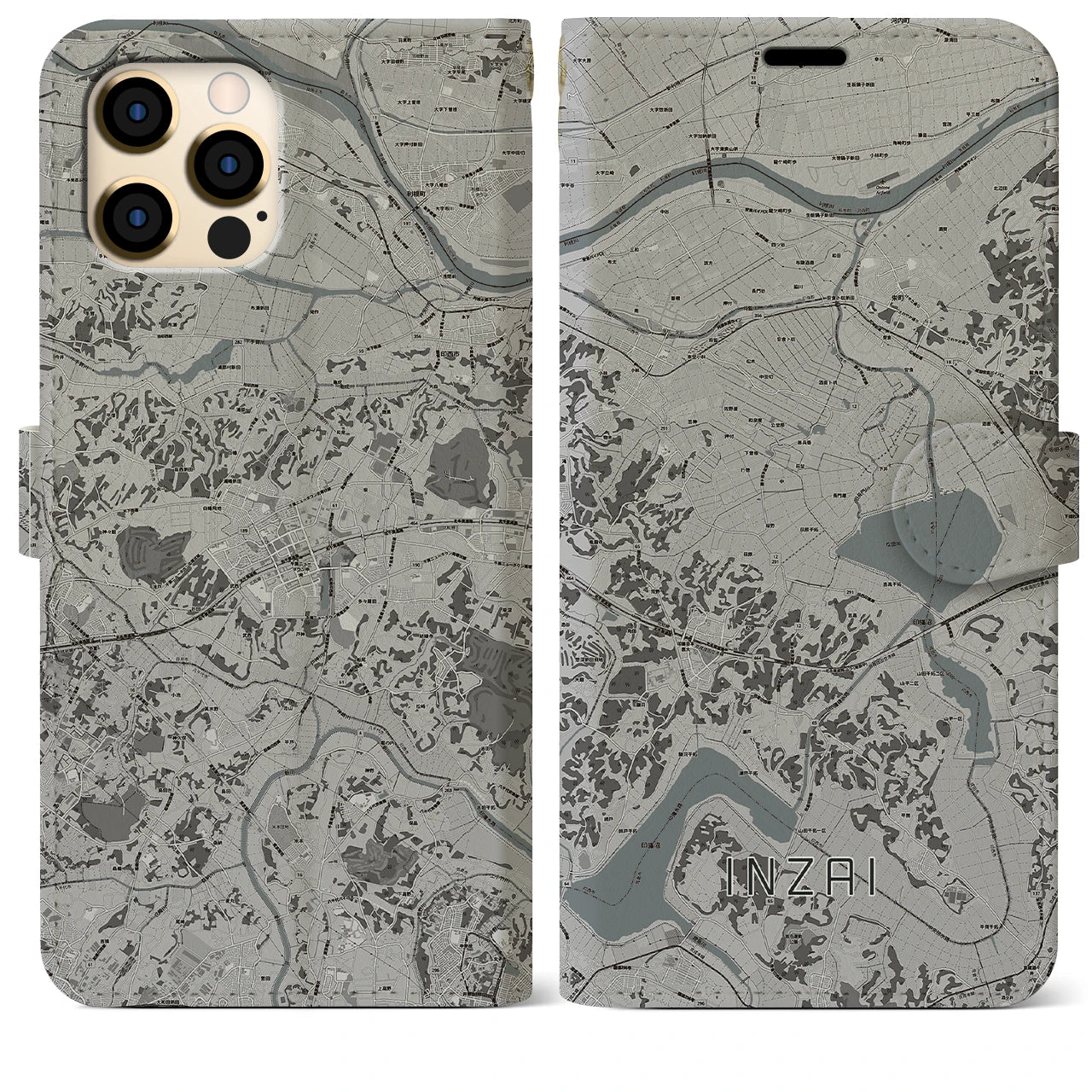 【印西(千葉県)】地図柄iPhoneケース(手帳タイプ)モノトーン・iPhone 12 Pro Max 用