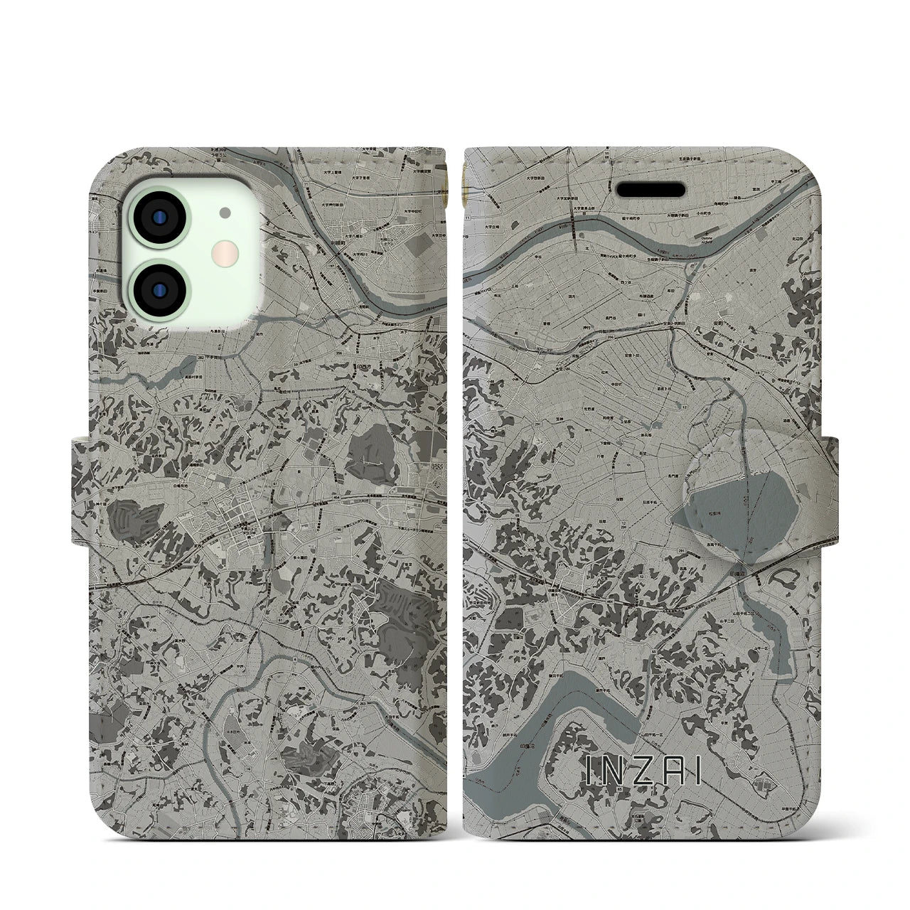 【印西(千葉県)】地図柄iPhoneケース(手帳タイプ)モノトーン・iPhone 12 mini 用