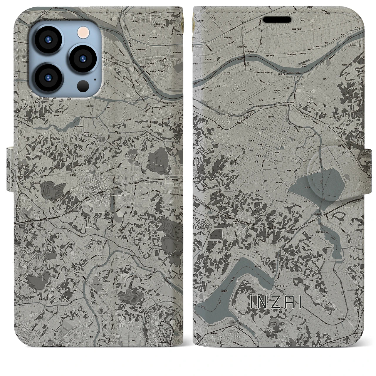 【印西(千葉県)】地図柄iPhoneケース(手帳タイプ)モノトーン・iPhone 13 Pro Max 用