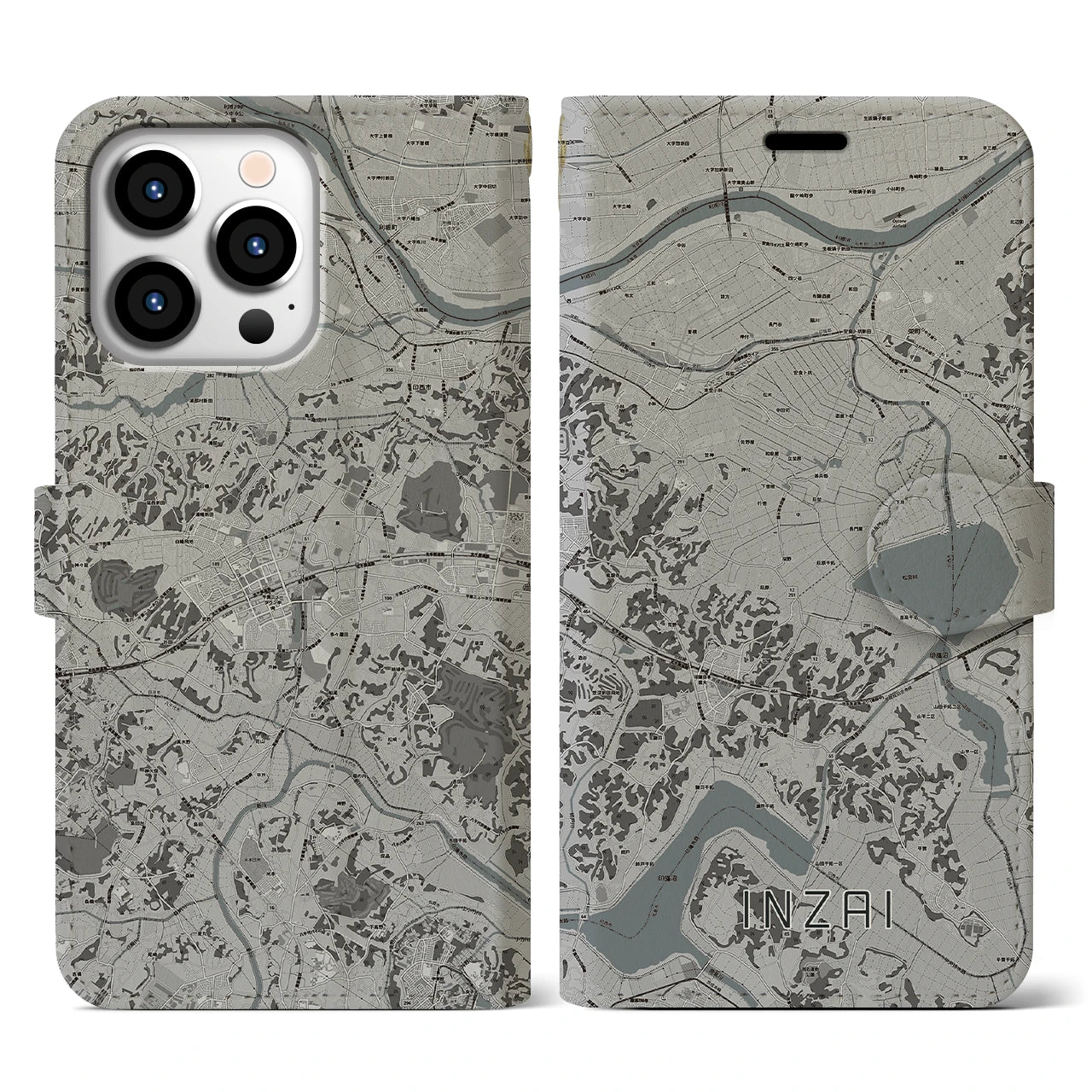 【印西(千葉県)】地図柄iPhoneケース(手帳タイプ)モノトーン・iPhone 13 Pro 用