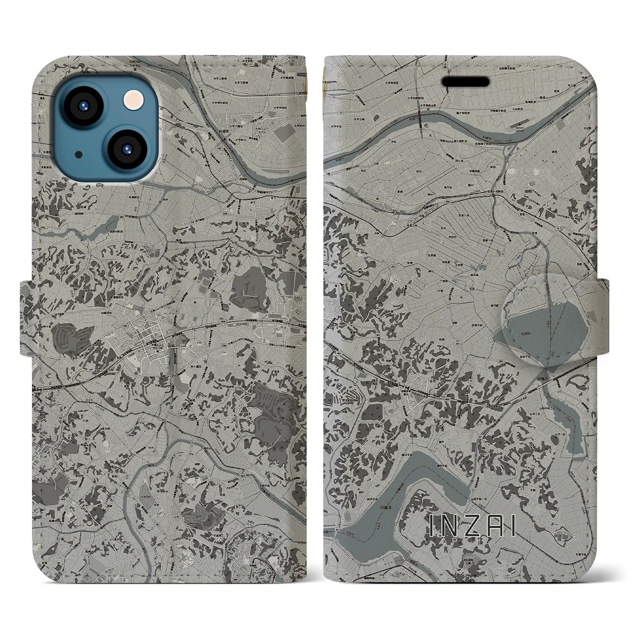 【印西(千葉県)】地図柄iPhoneケース(手帳タイプ)モノトーン・iPhone 13 用