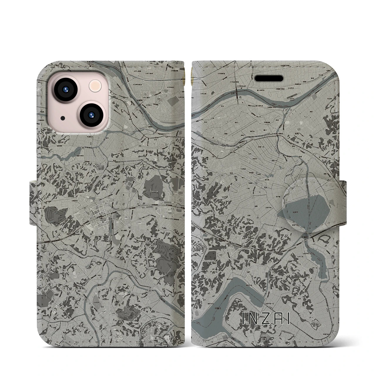 【印西(千葉県)】地図柄iPhoneケース(手帳タイプ)モノトーン・iPhone 13 mini 用