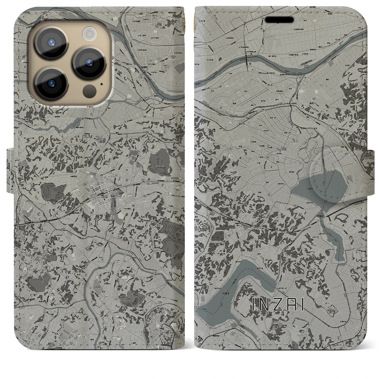 【印西(千葉県)】地図柄iPhoneケース(手帳タイプ)モノトーン・iPhone 14 Pro Max 用