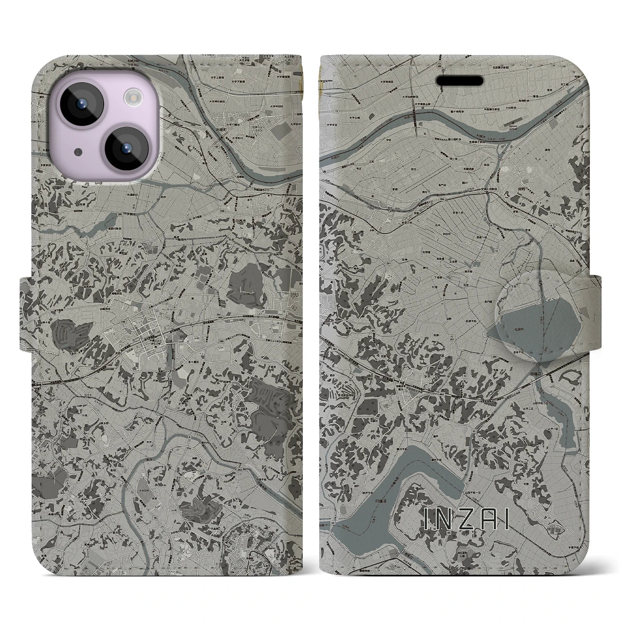 【印西(千葉県)】地図柄iPhoneケース(手帳タイプ)モノトーン・iPhone 14 用