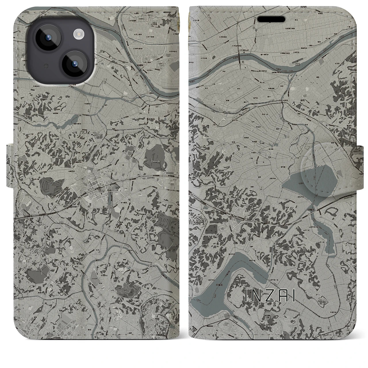 【印西(千葉県)】地図柄iPhoneケース(手帳タイプ)モノトーン・iPhone 14 Plus 用