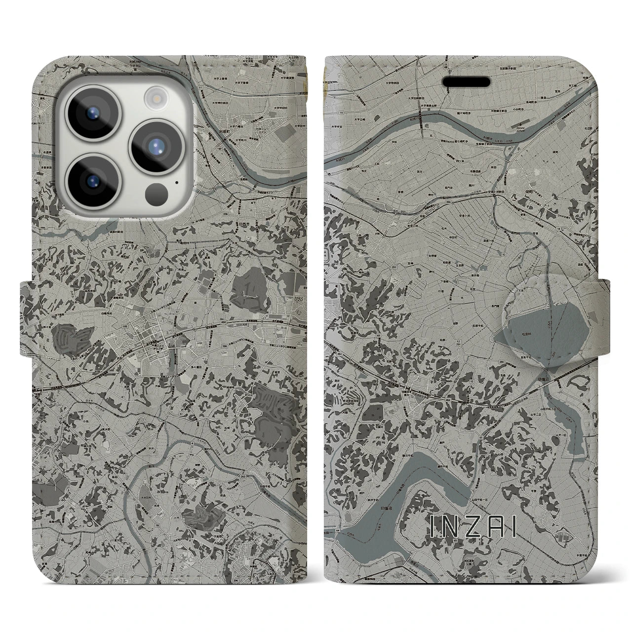 【印西(千葉県)】地図柄iPhoneケース(手帳タイプ)モノトーン・iPhone 15 Pro 用