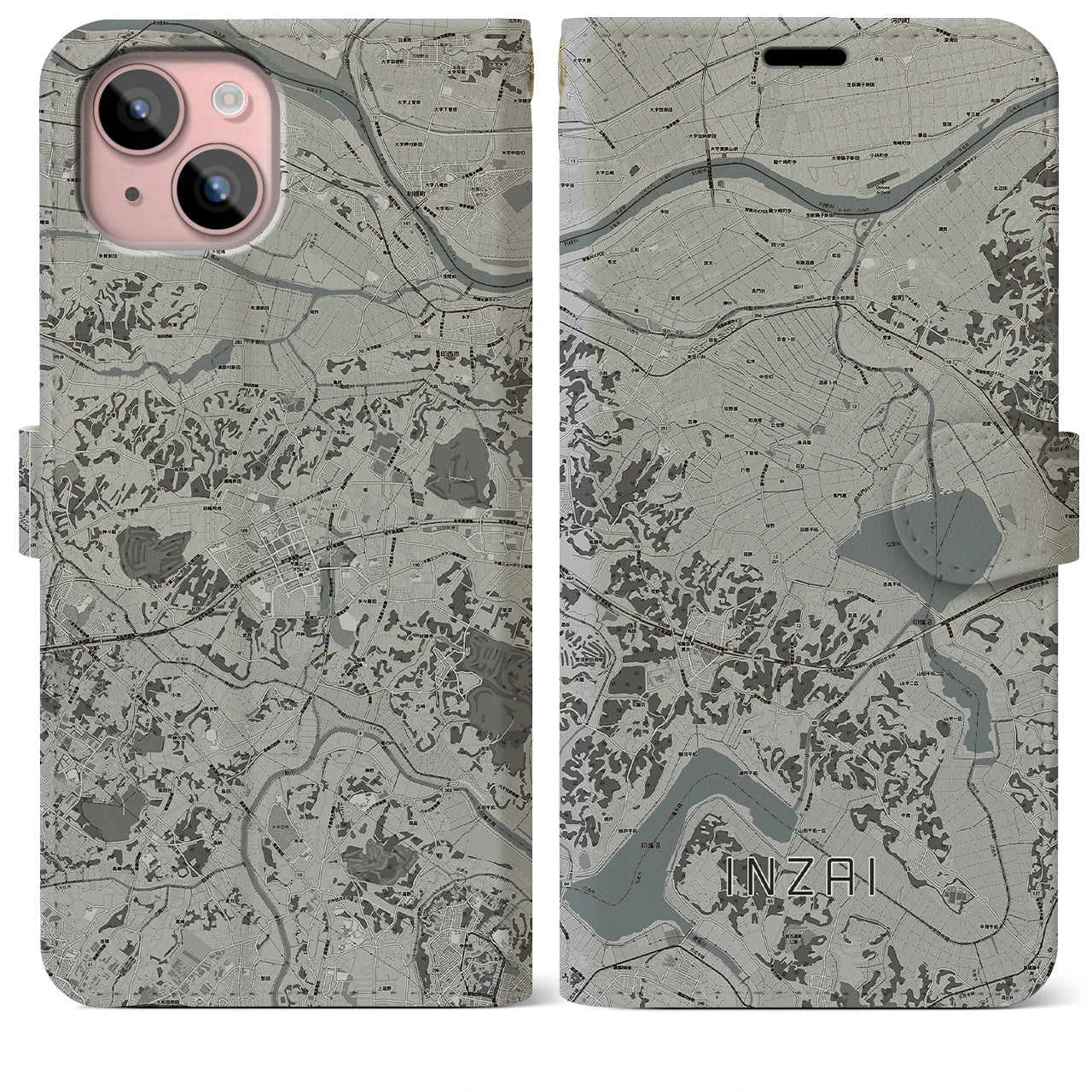 【印西(千葉県)】地図柄iPhoneケース(手帳タイプ)モノトーン・iPhone 15 Plus 用