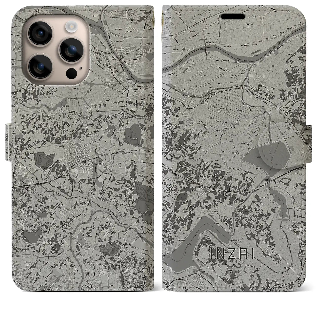 【印西(千葉県)】地図柄iPhoneケース(手帳タイプ)モノトーン・iPhone 16 Plus 用