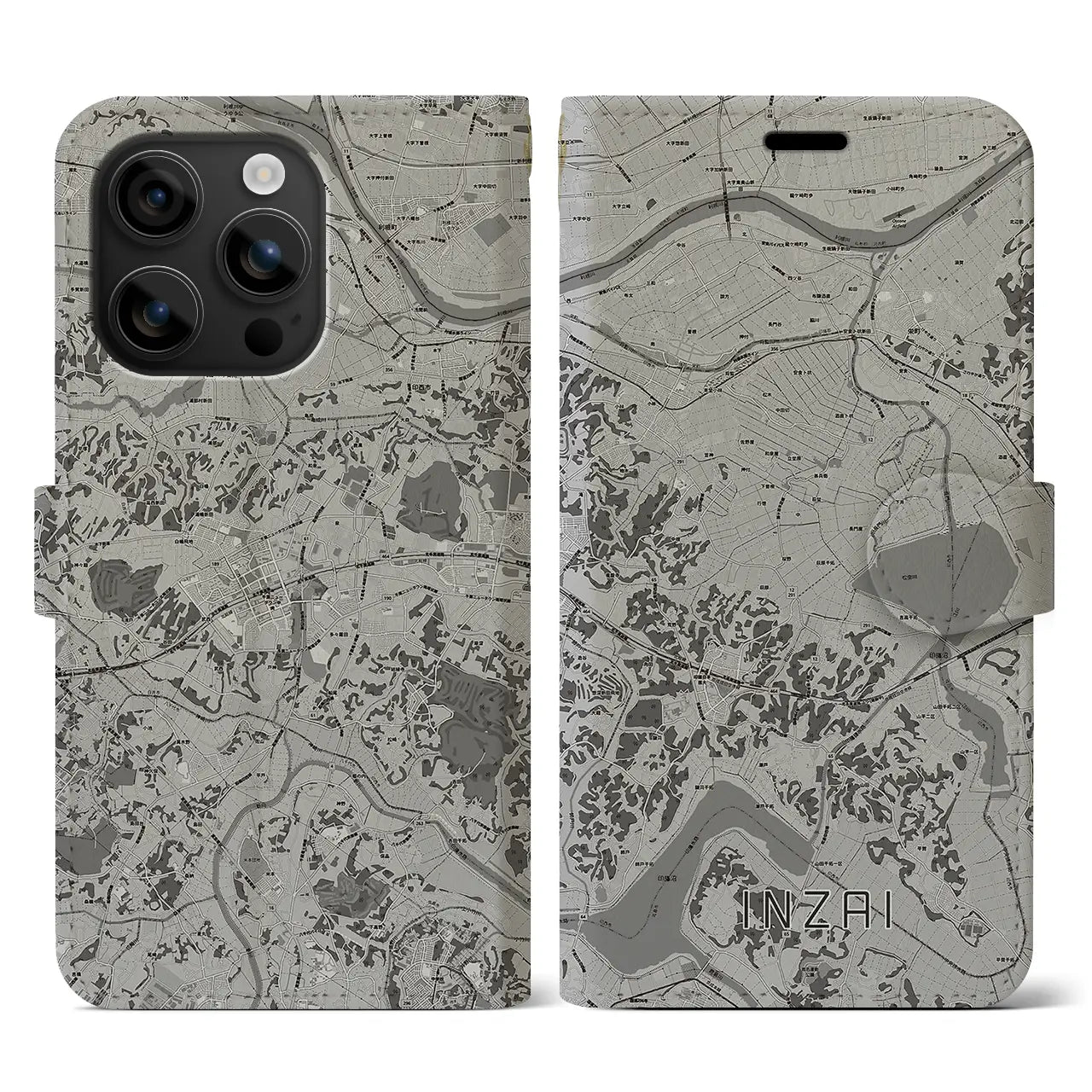 【印西(千葉県)】地図柄iPhoneケース(手帳タイプ)モノトーン・iPhone 16 用