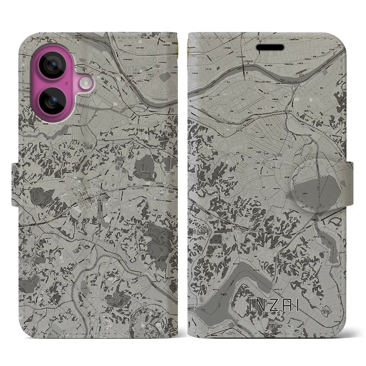 【印西(千葉県)】地図柄iPhoneケース(手帳タイプ)モノトーン・iPhone 16 Pro 用