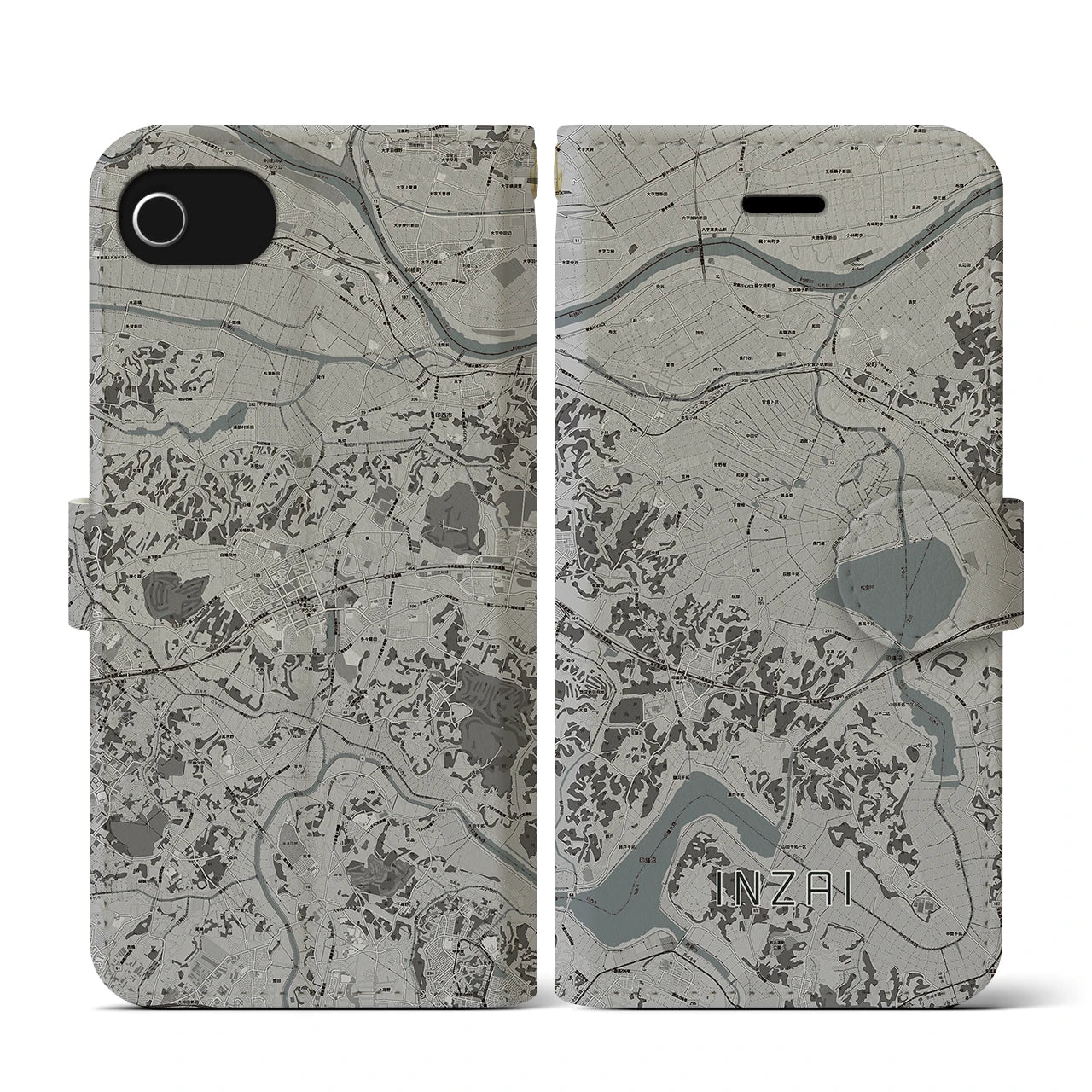 【印西(千葉県)】地図柄iPhoneケース(手帳タイプ)モノトーン・iPhone SE(第3 / 第2世代) / 8 / 7 / 6s / 6 用