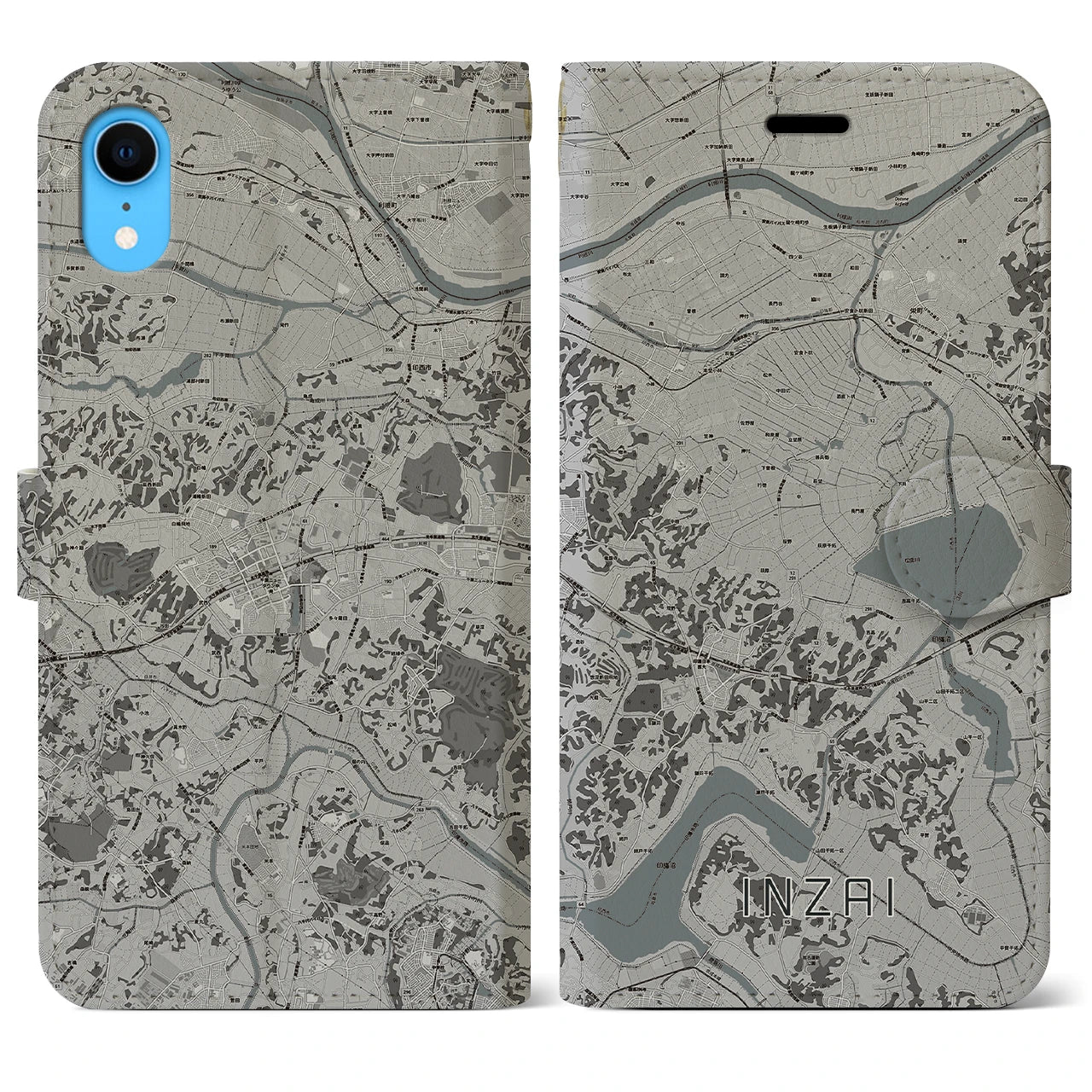 【印西(千葉県)】地図柄iPhoneケース(手帳タイプ)モノトーン・iPhone XR 用