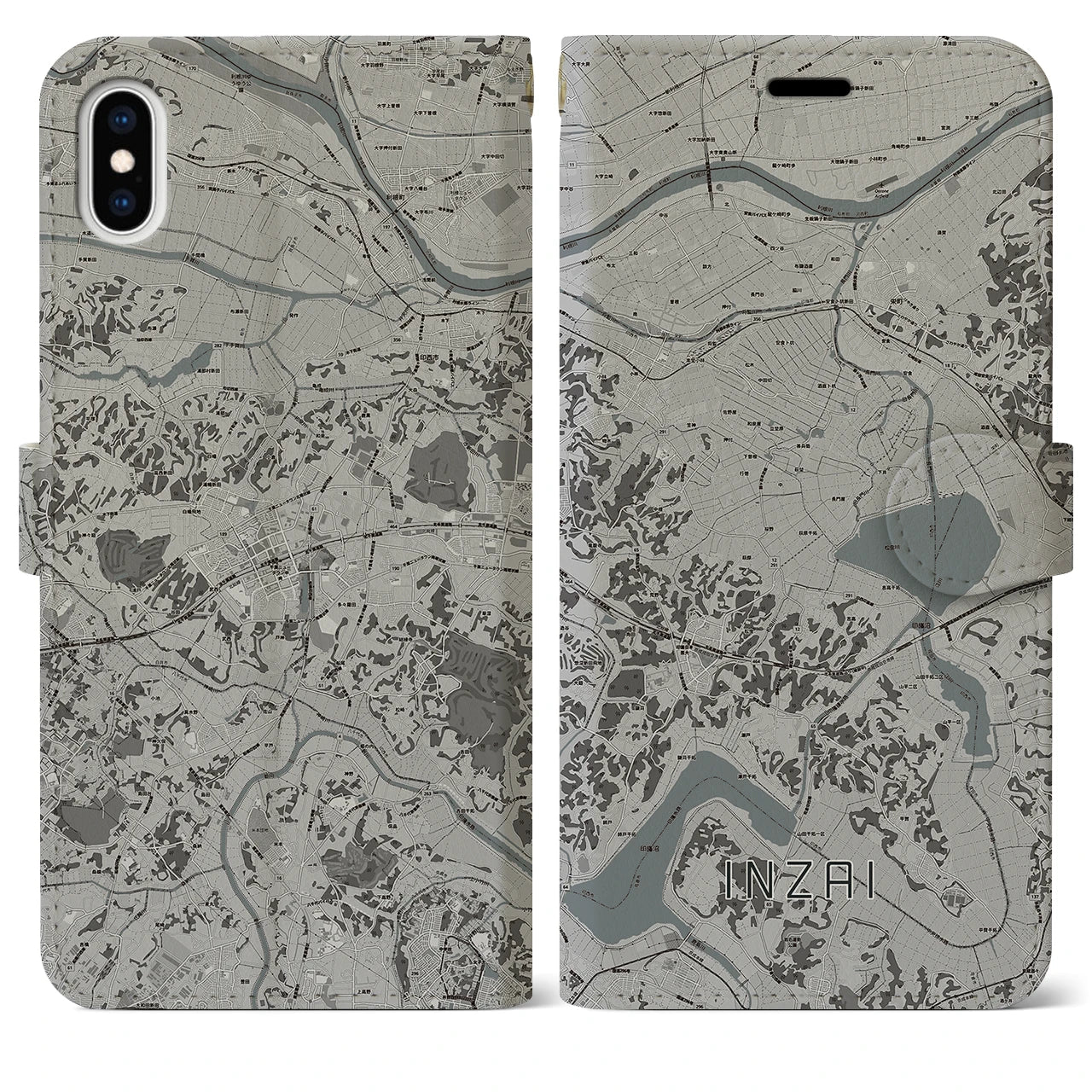 【印西(千葉県)】地図柄iPhoneケース(手帳タイプ)モノトーン・iPhone XS Max 用