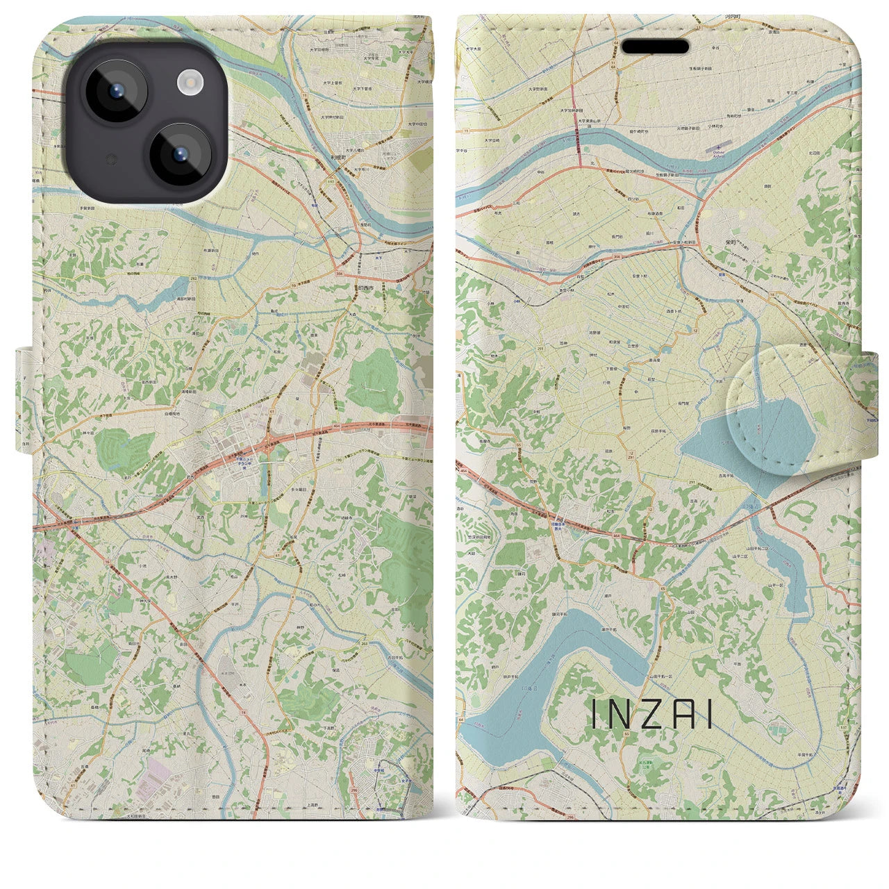 【印西(千葉県)】地図柄iPhoneケース(手帳タイプ)ナチュラル・iPhone 14 Plus 用
