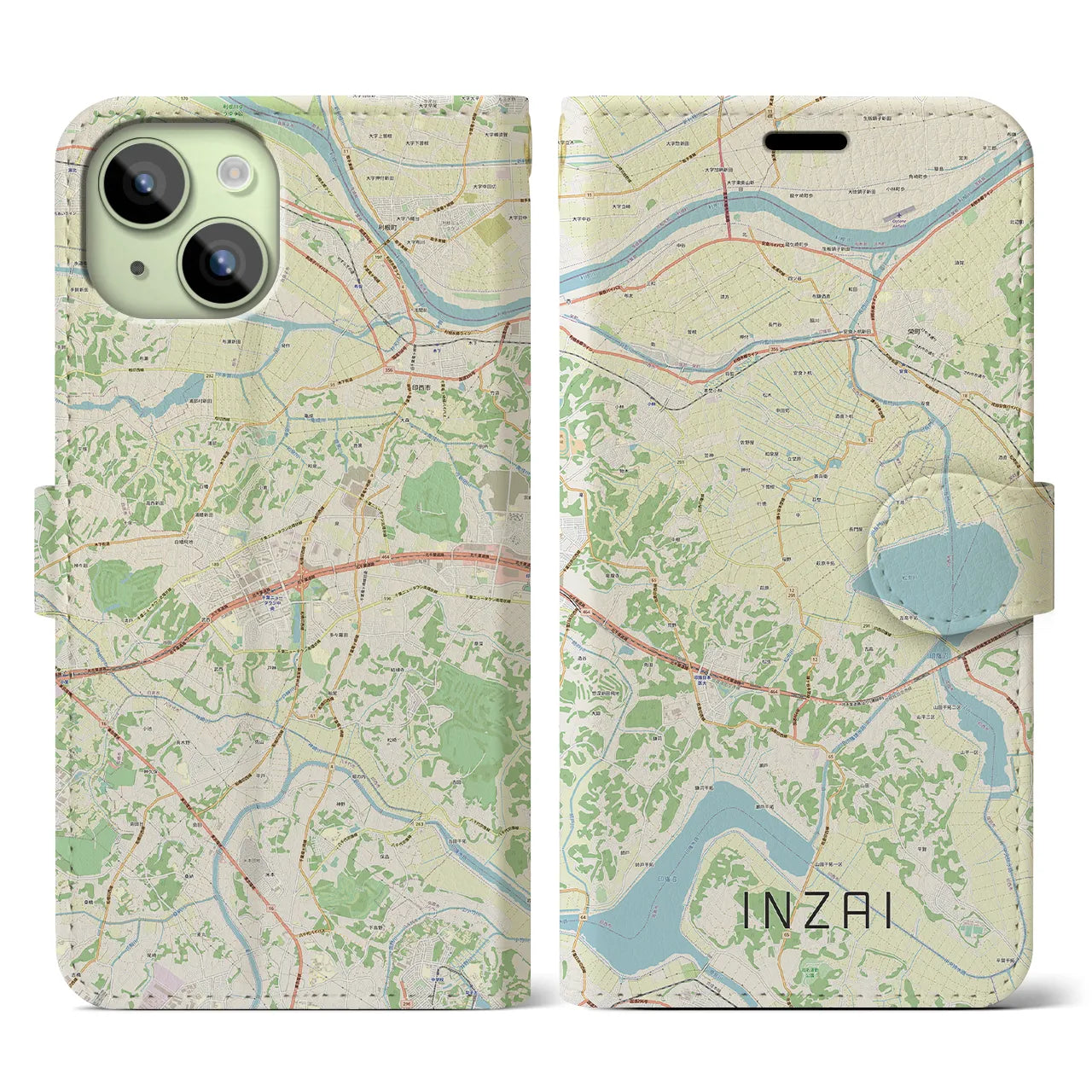 【印西(千葉県)】地図柄iPhoneケース(手帳タイプ)ナチュラル・iPhone 15 用