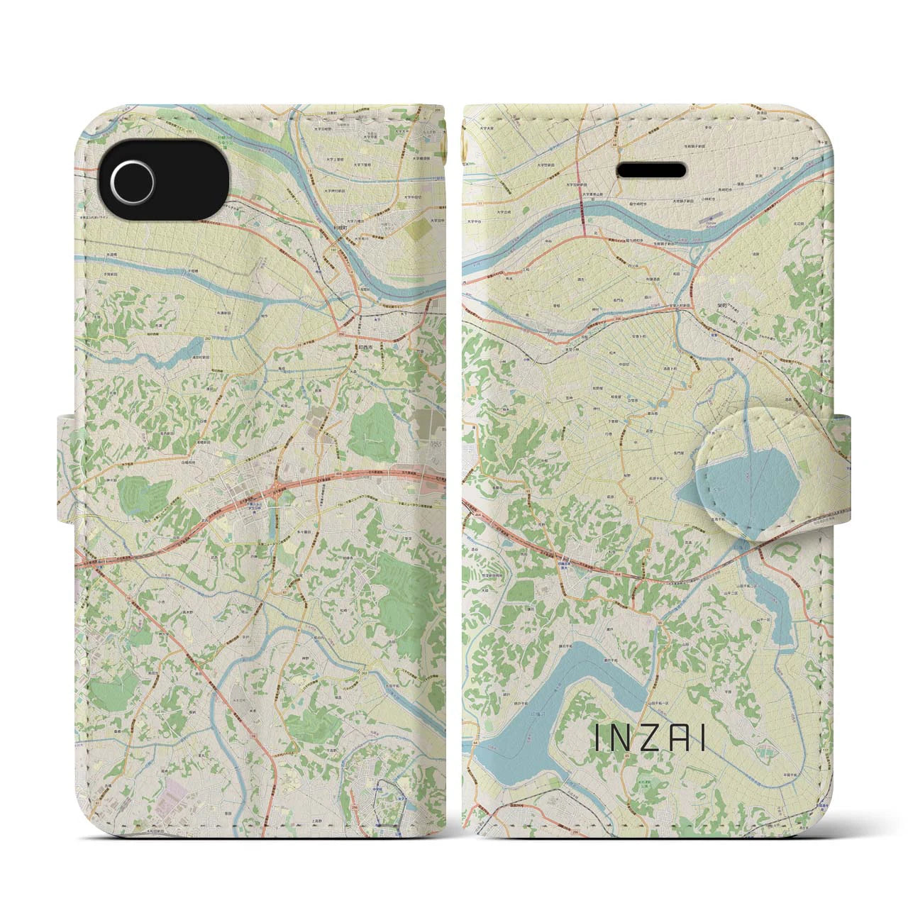 【印西(千葉県)】地図柄iPhoneケース(手帳タイプ)ナチュラル・iPhone SE(第3 / 第2世代) / 8 / 7 / 6s / 6 用