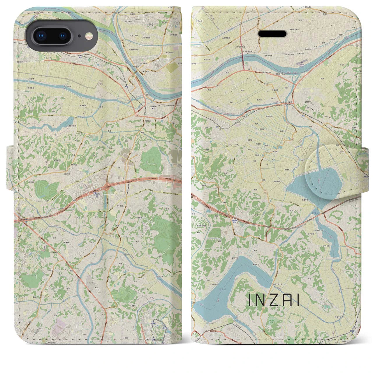 【印西(千葉県)】地図柄iPhoneケース(手帳タイプ)ナチュラル・iPhone 8Plus /7Plus / 6sPlus / 6Plus 用