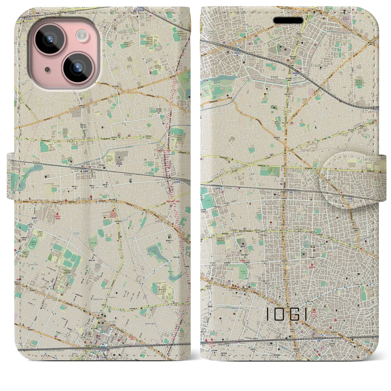 【井荻(東京都)】地図柄iPhoneケース(手帳タイプ)ナチュラル・iPhone 15 Plus 用