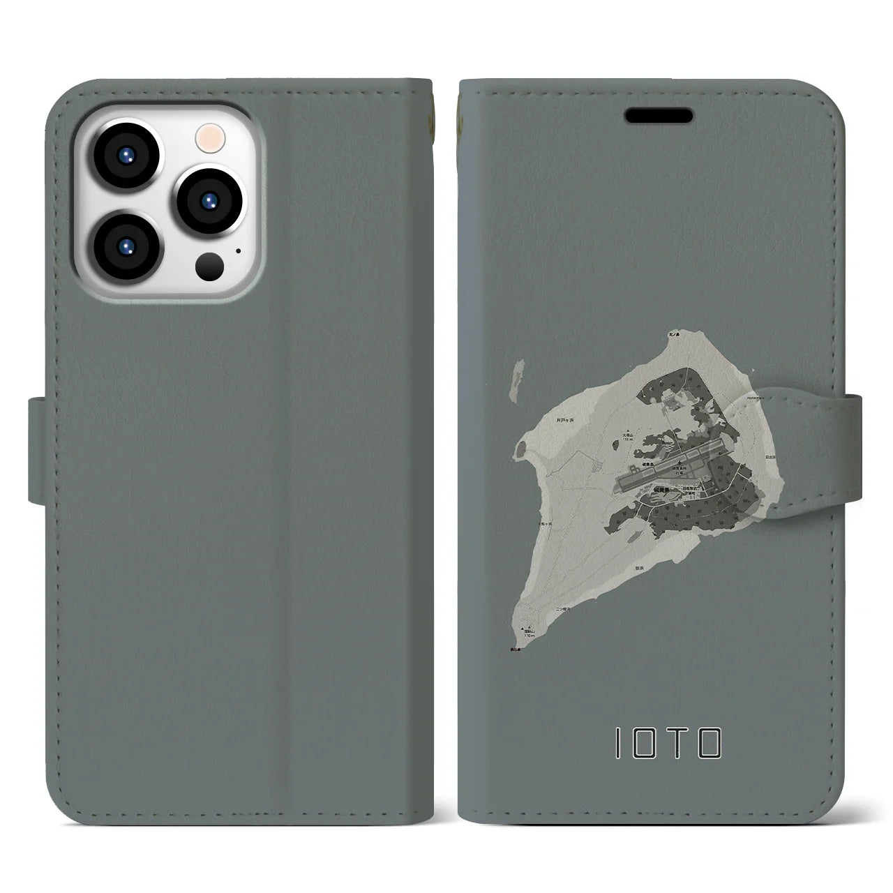 【硫黄島(東京都)】地図柄iPhoneケース(手帳タイプ)モノトーン・iPhone 13 Pro 用