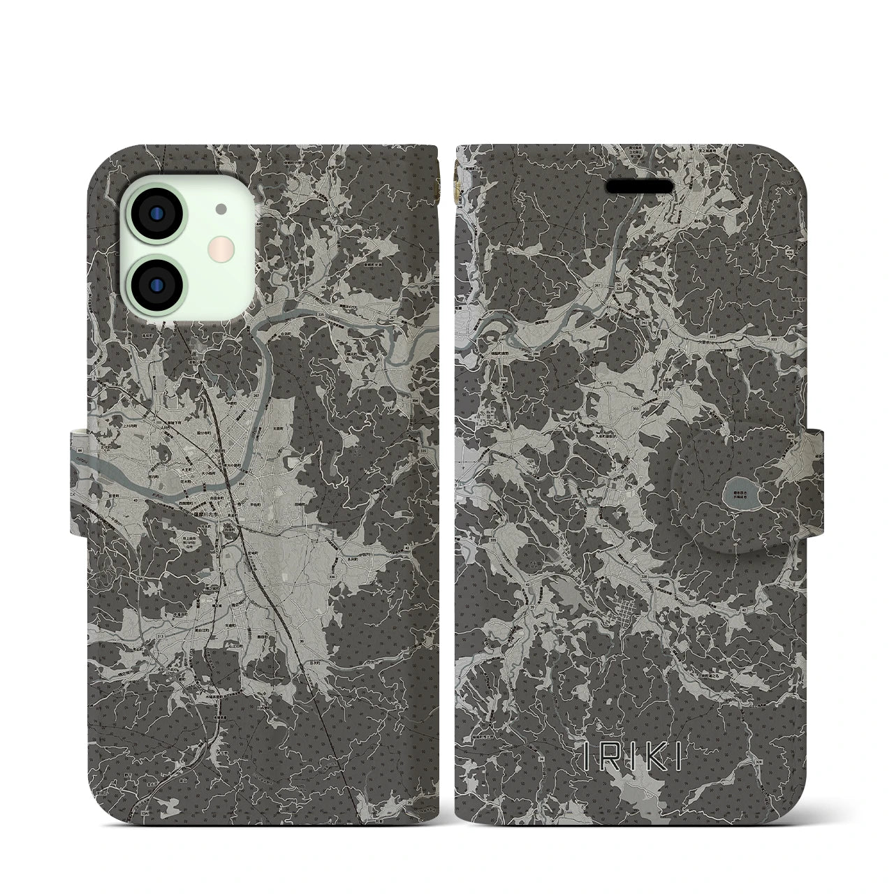 【入来(鹿児島県)】地図柄iPhoneケース(手帳タイプ)モノトーン・iPhone 12 mini 用
